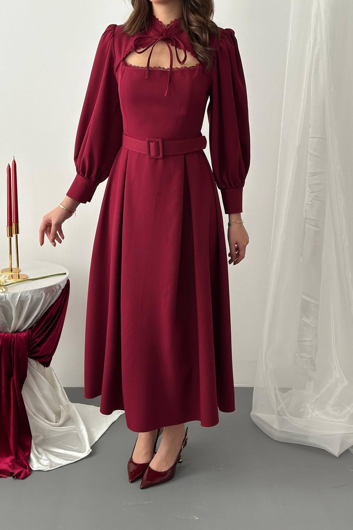 Bordo Dantelli Kuplu Elbise