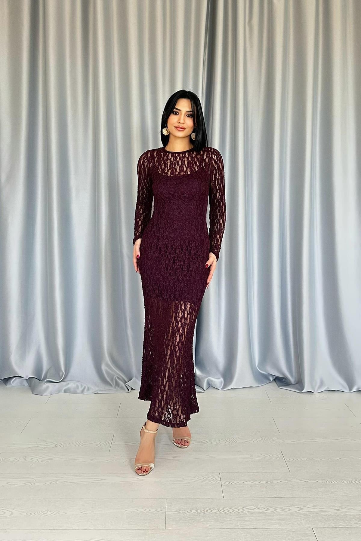 Bordo Dantelli Uzun Kollu Elbise