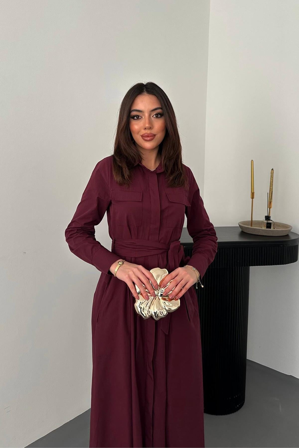 Bordo Düğmeli Poplin Elbise