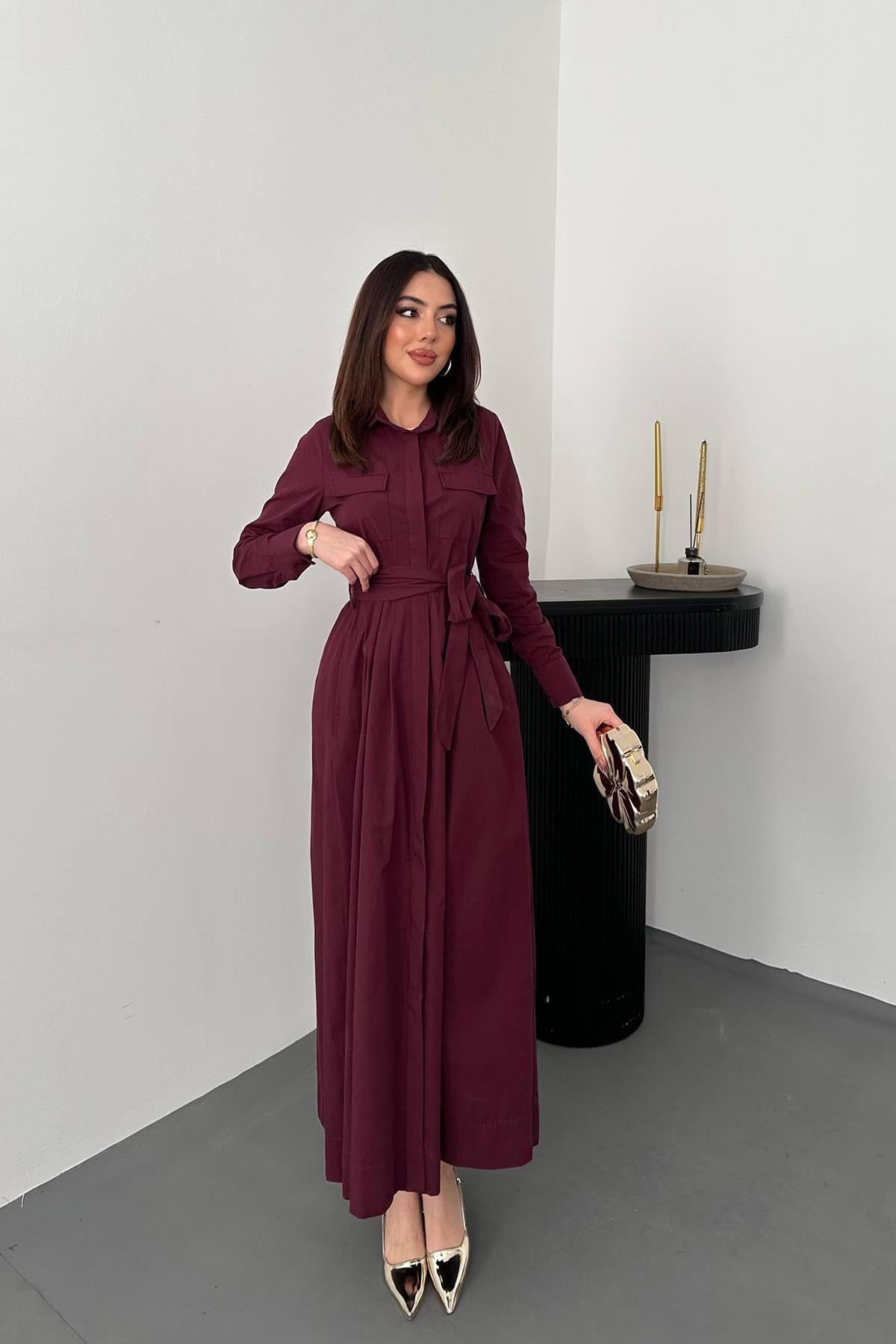 Bordo Düğmeli Poplin Elbise