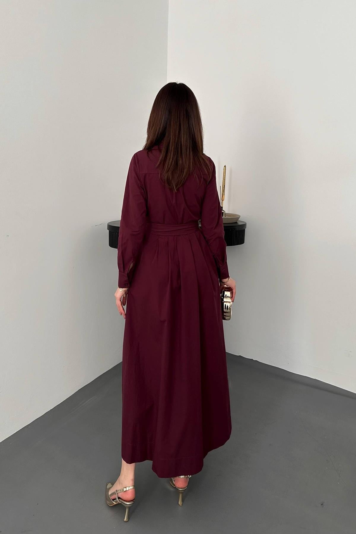 Bordo Düğmeli Poplin Elbise