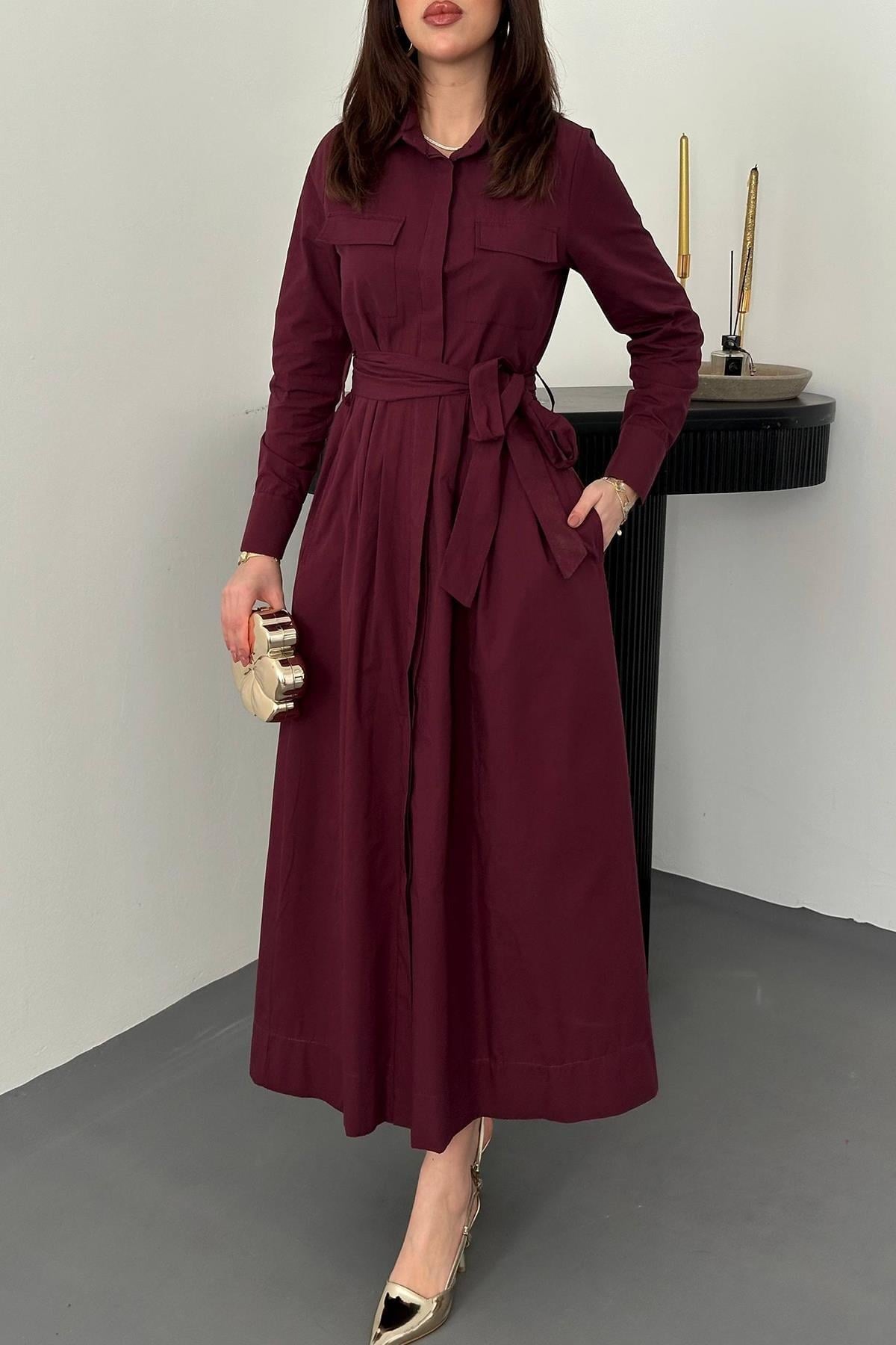 Bordo Düğmeli Poplin Elbise