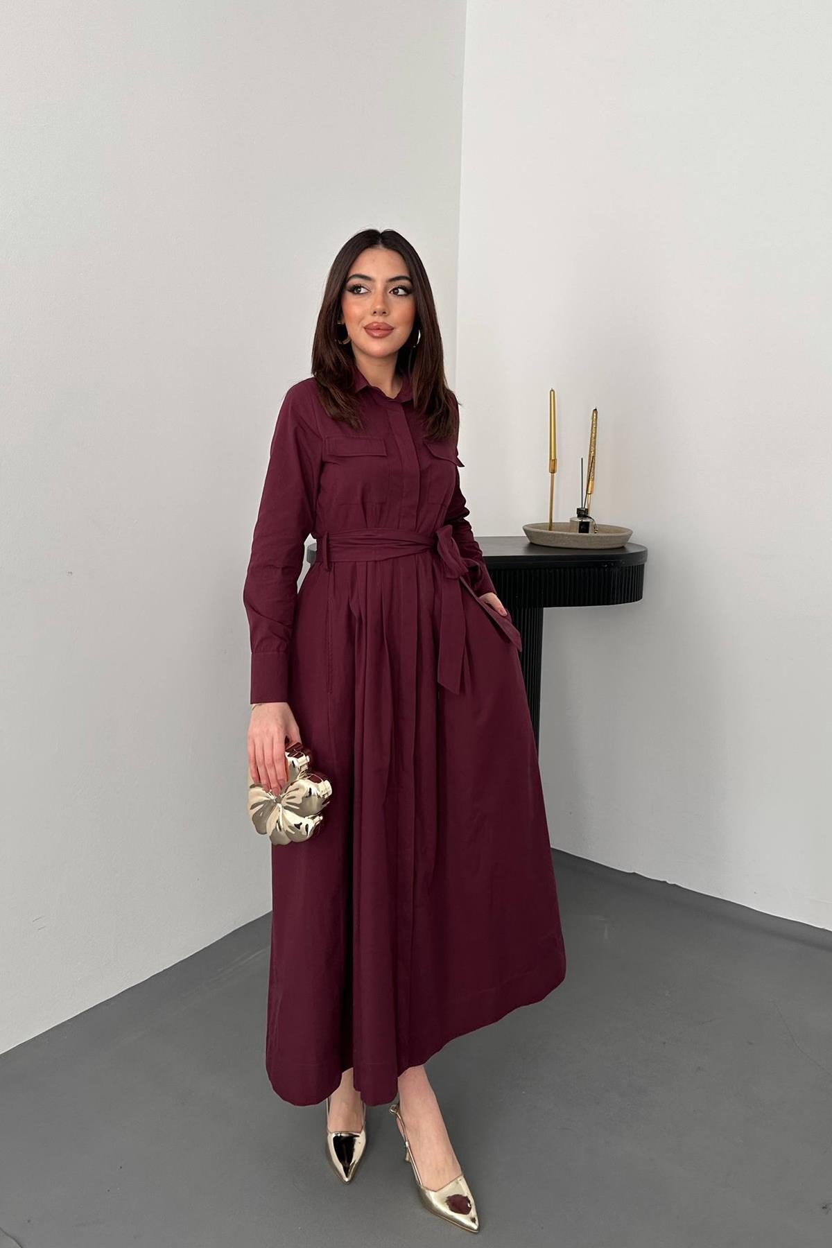 Bordo Düğmeli Poplin Elbise