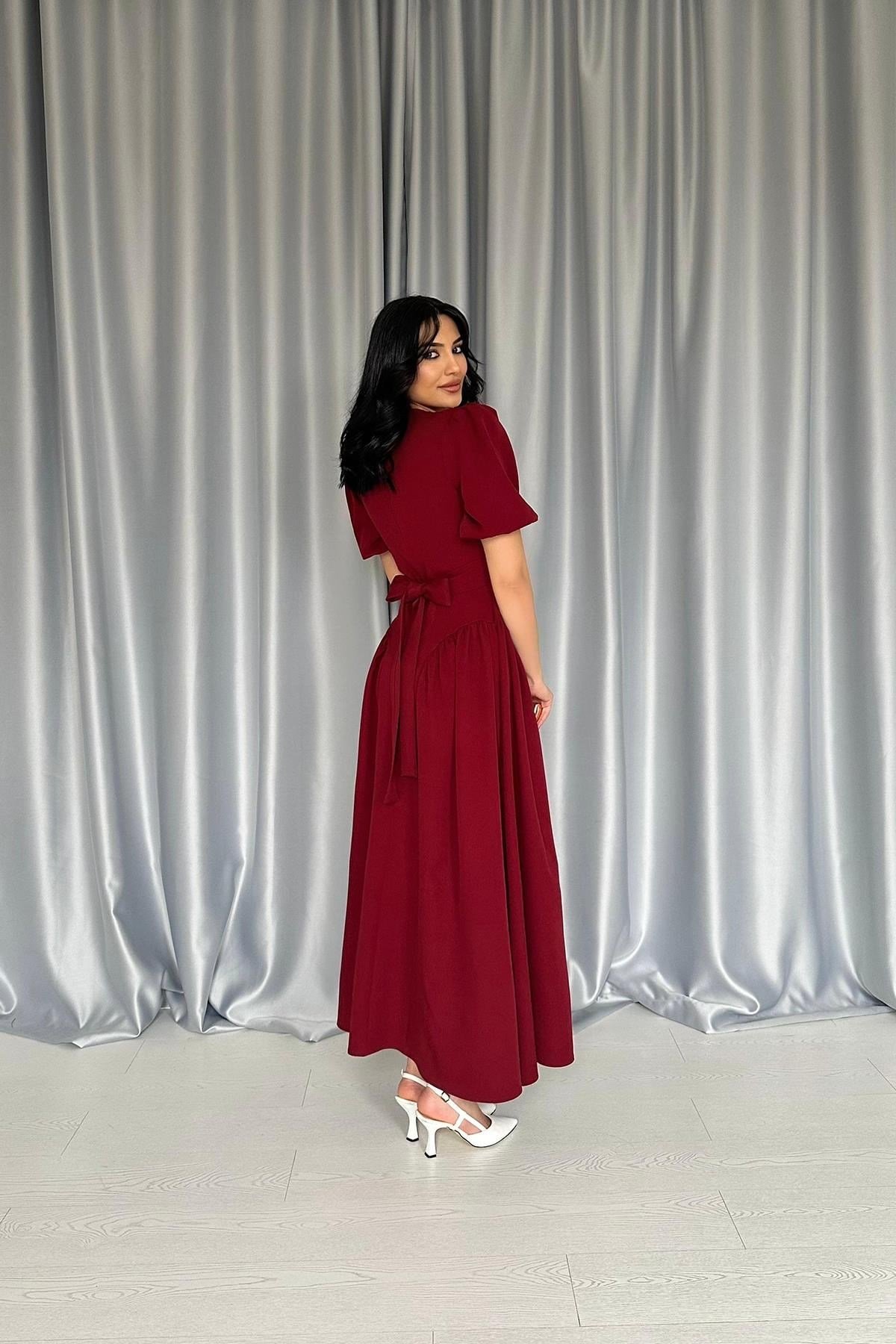 Bordo Etek Yanları Büzgülü Balon Kollu Elbise