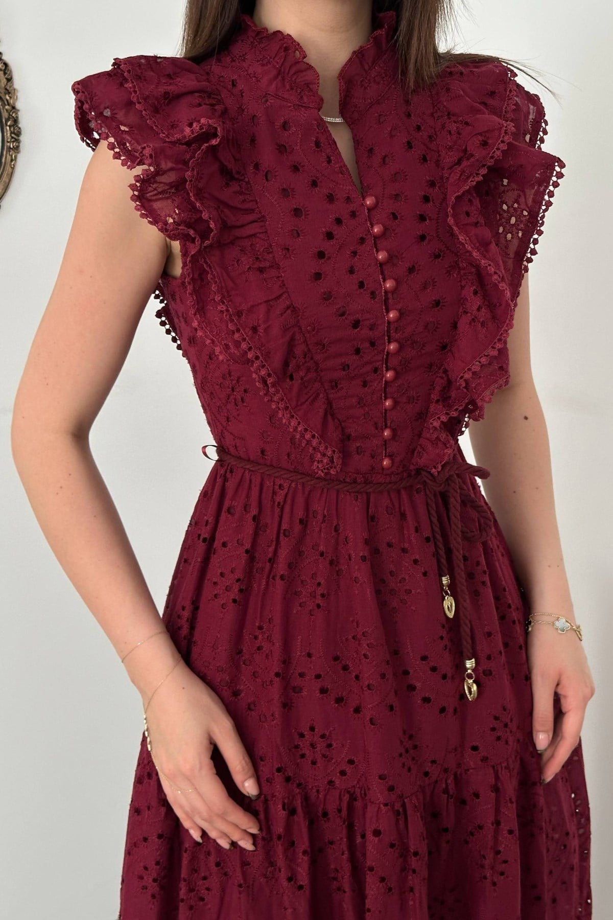 Bordo Fırfırlı Düğmeli Elbise