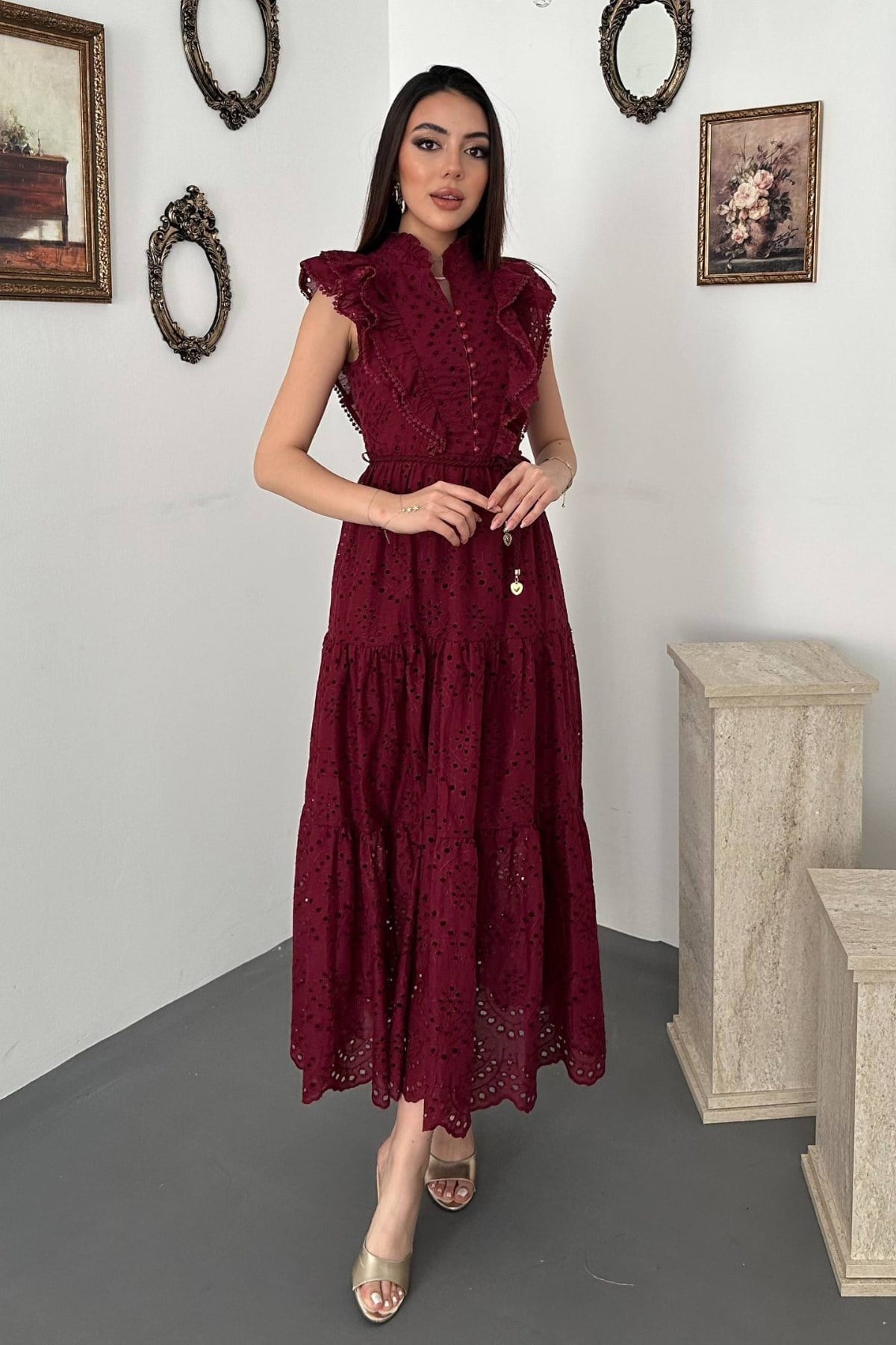 Bordo Fırfırlı Düğmeli Elbise