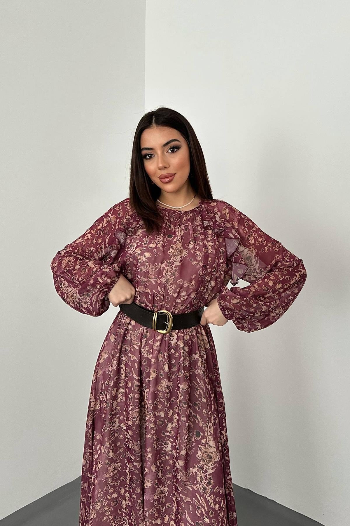 Bordo Fırfırlı Şifon Elbise