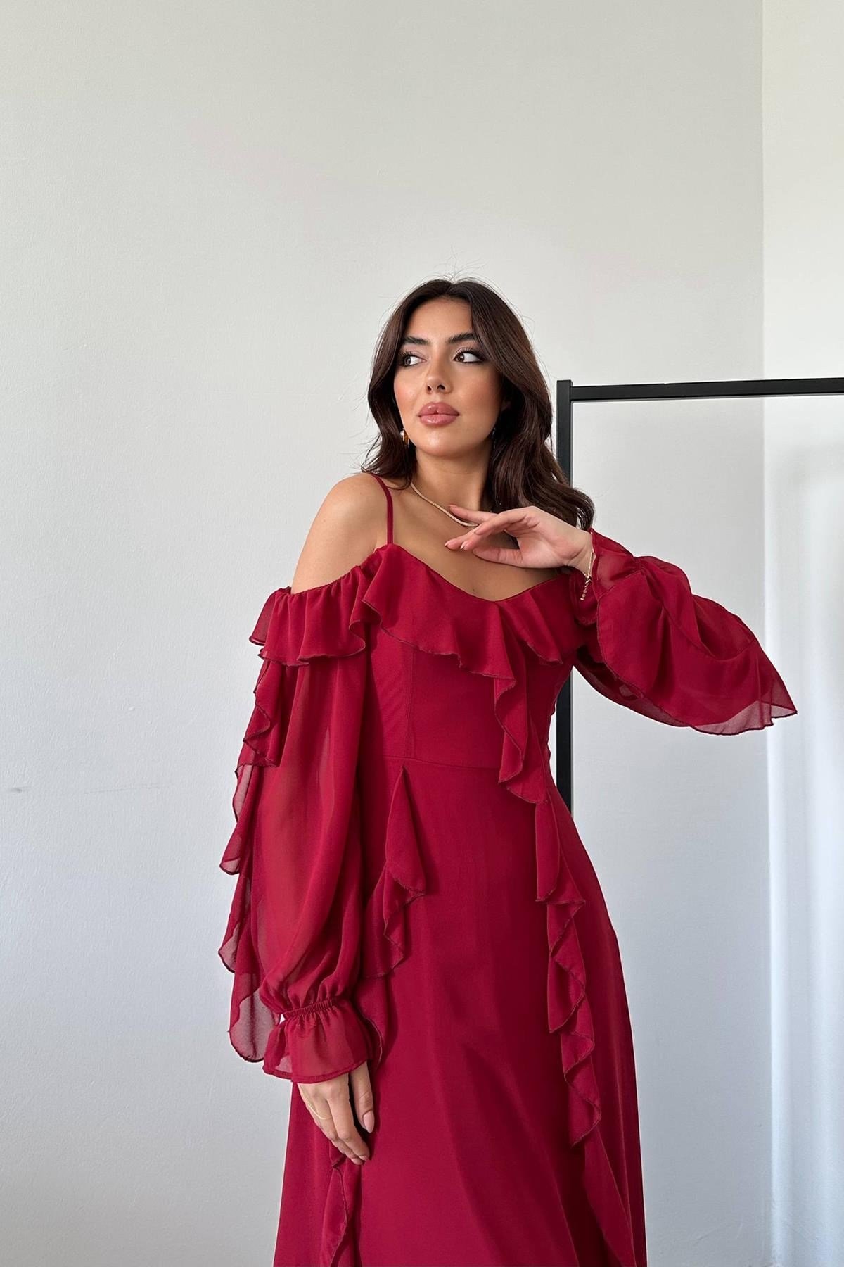 Bordo Fırfırlı Şifon Elbise