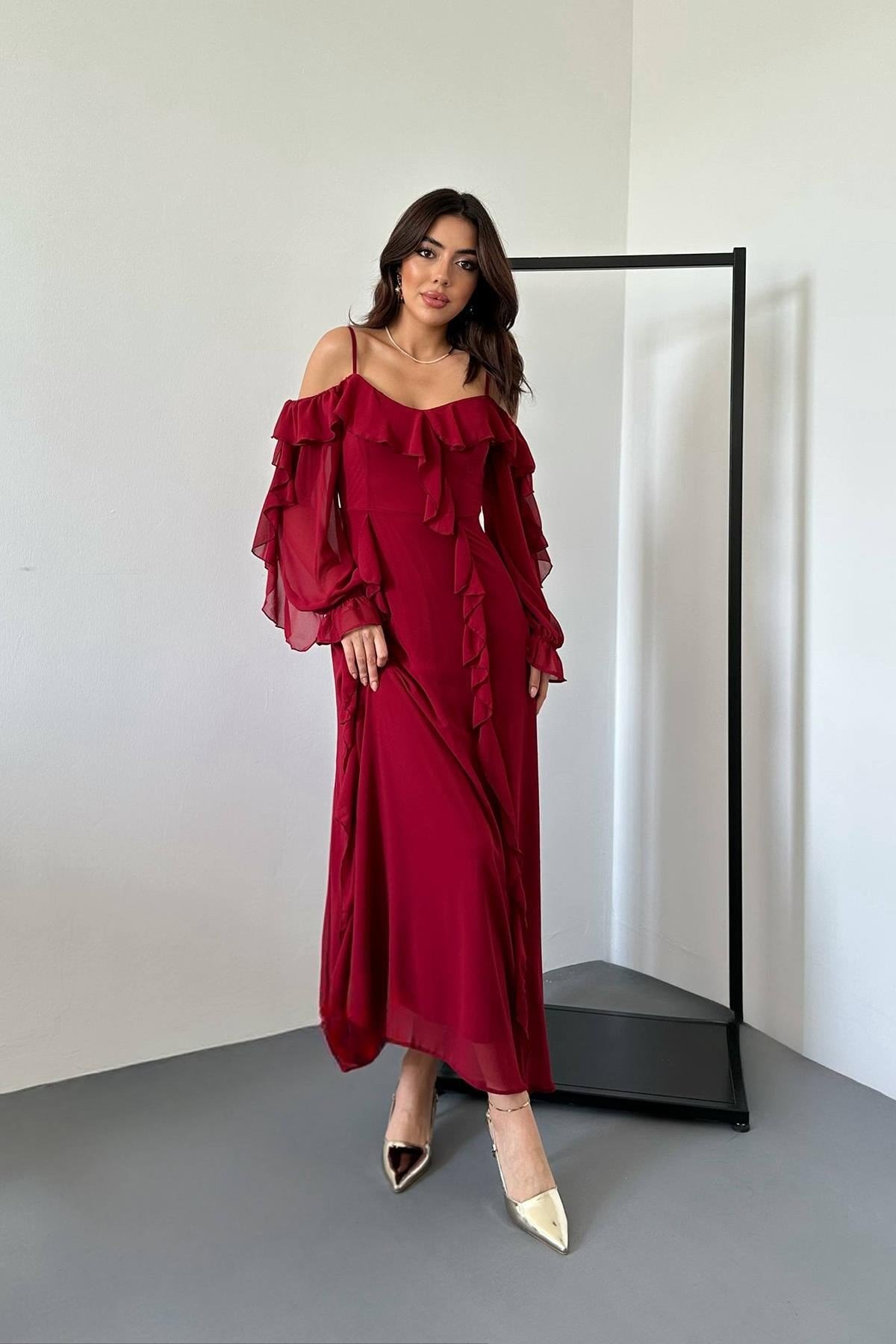 Bordo Fırfırlı Şifon Elbise