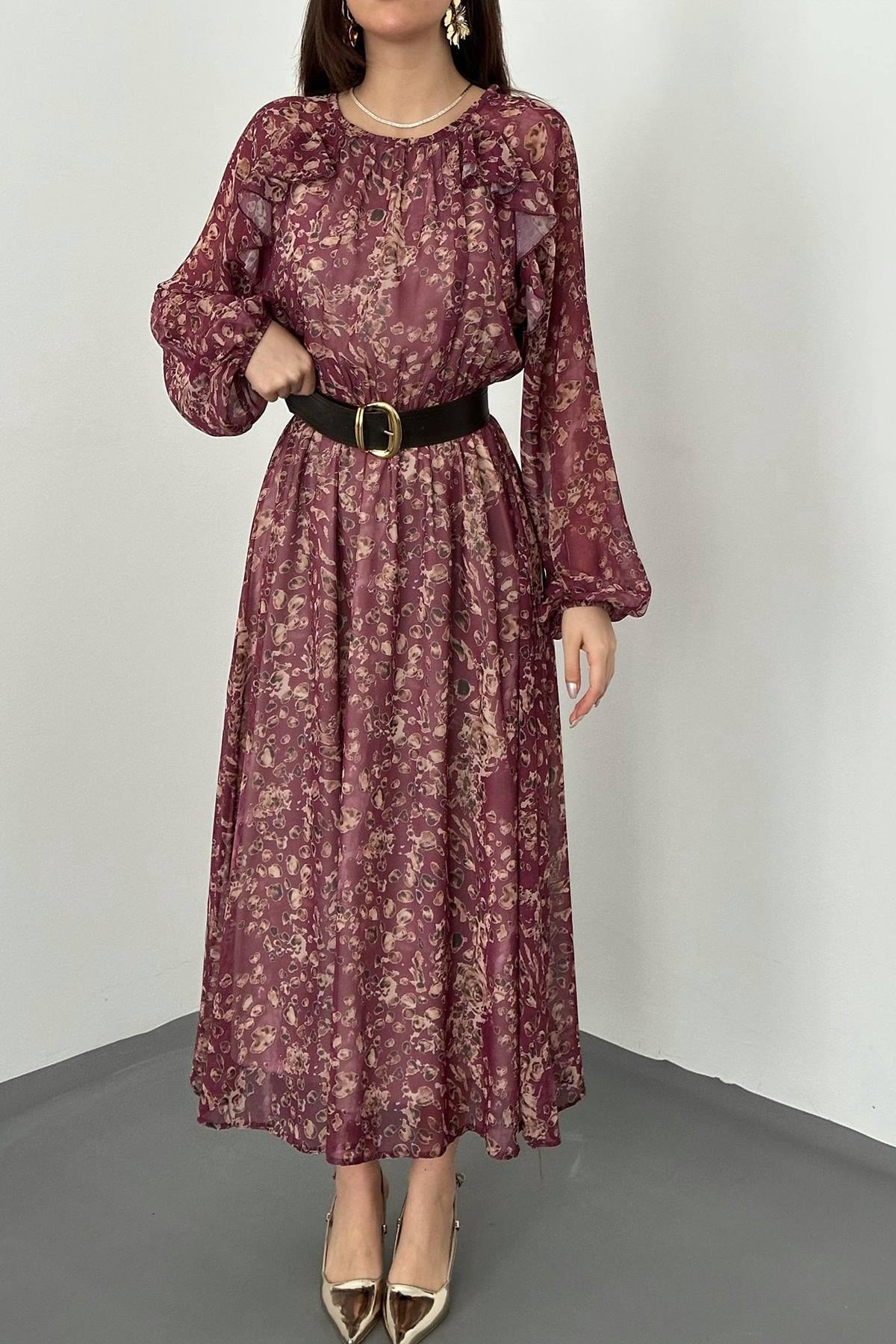 Bordo Fırfırlı Şifon Elbise