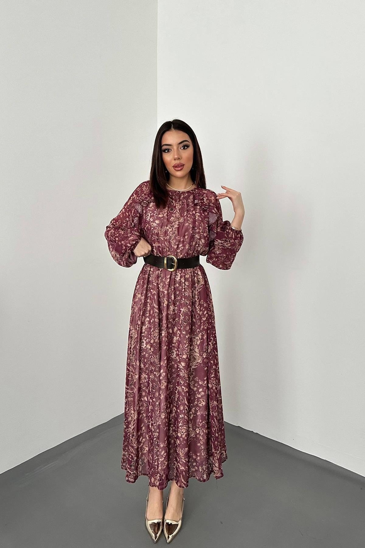 Bordo Fırfırlı Şifon Elbise