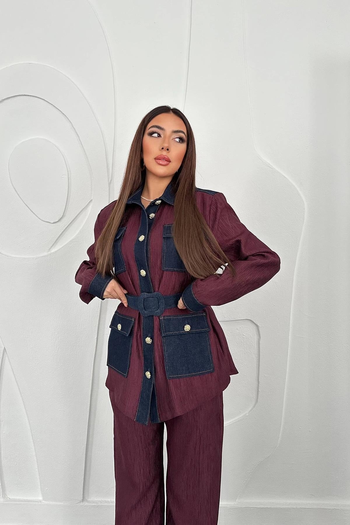 Bordo Garnili Cepli Gömlek Ve Pantolon Takım