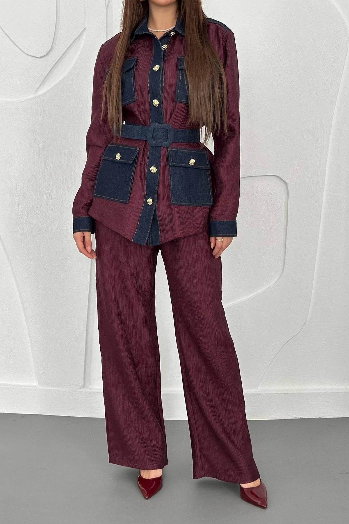 Bordo Garnili Cepli Gömlek Ve Pantolon Takım