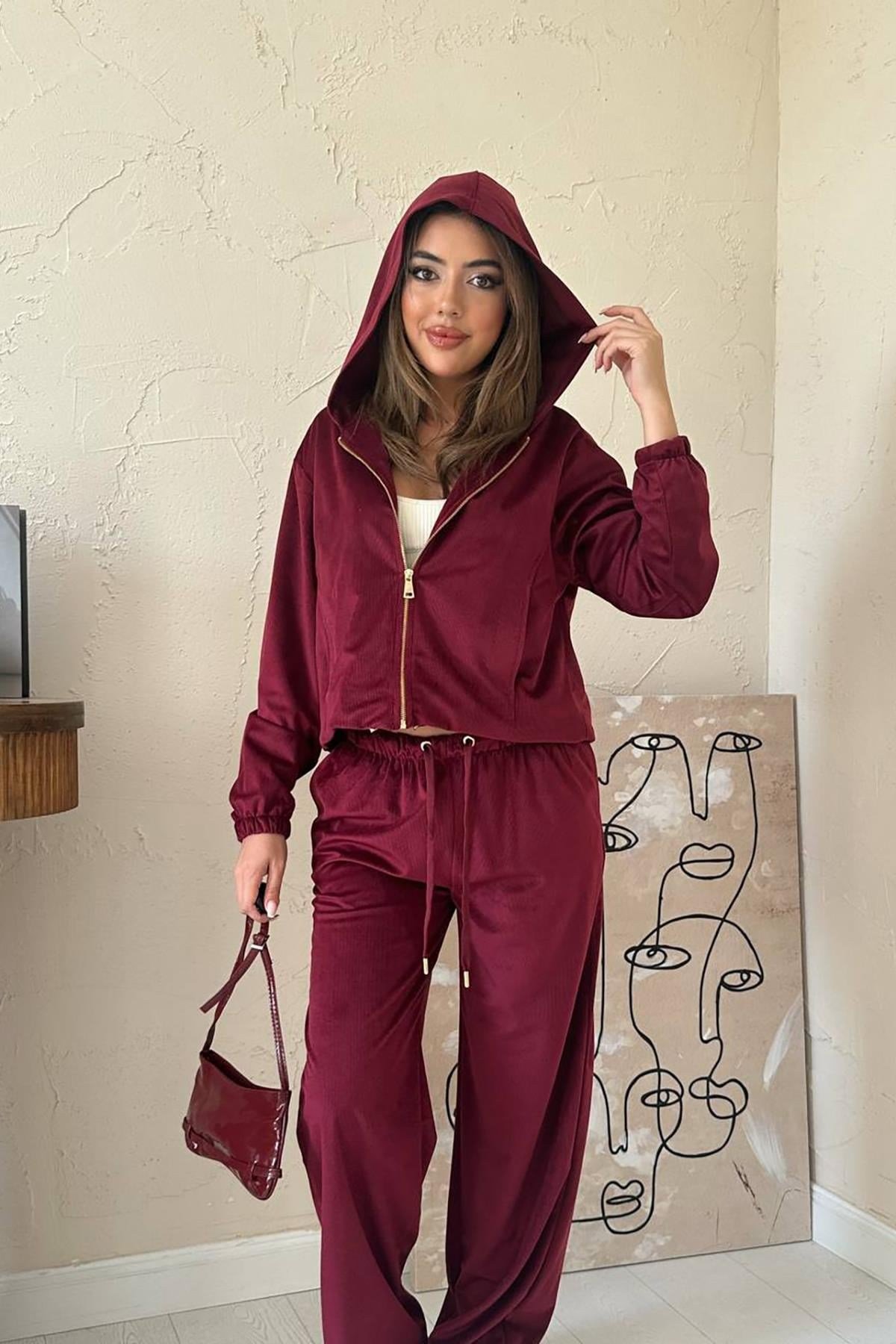 Bordo İnce Kadife Takım