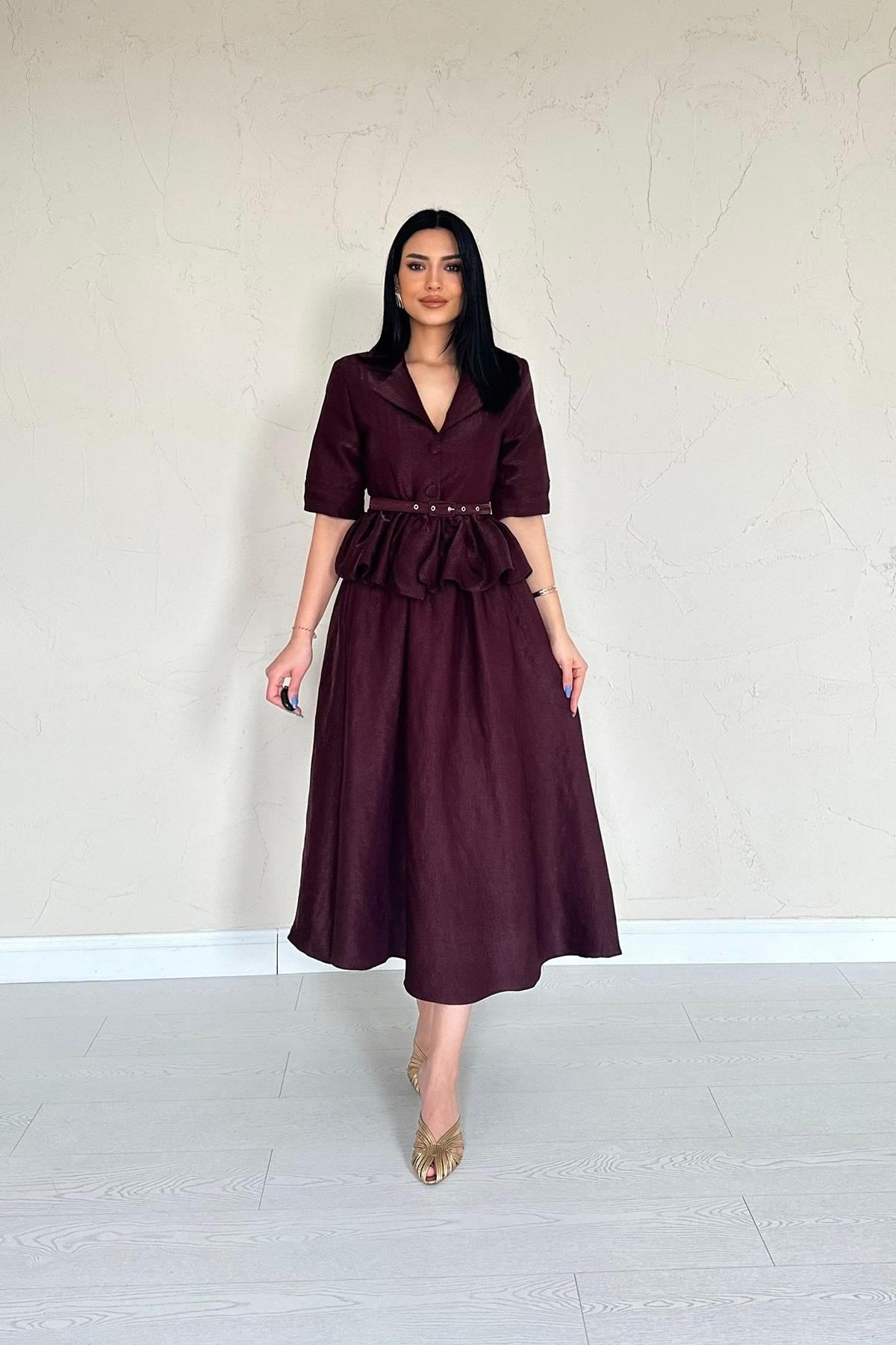 Bordo İnce Kemerli Fırfırlı Ceket Ve Büzgülü Etek Takım