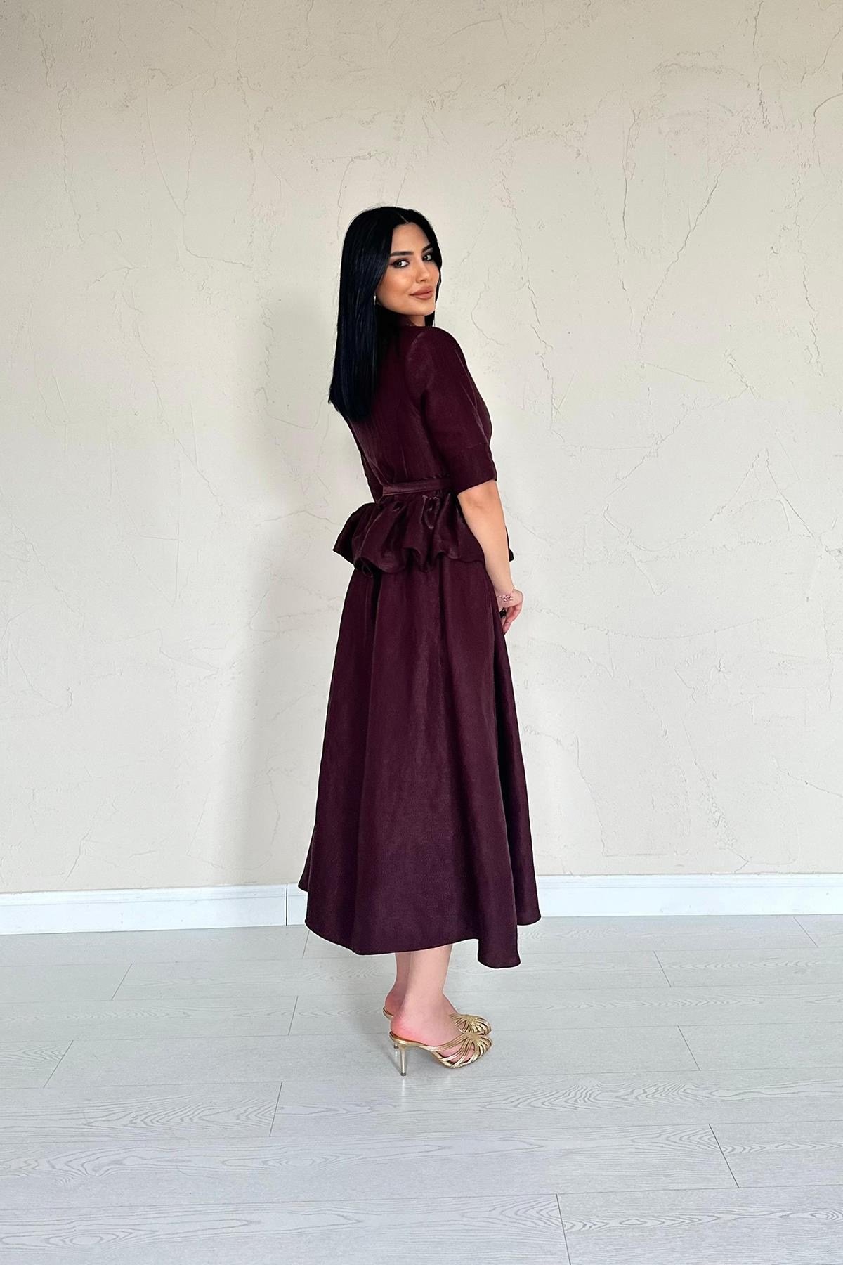 Bordo İnce Kemerli Fırfırlı Ceket Ve Büzgülü Etek Takım