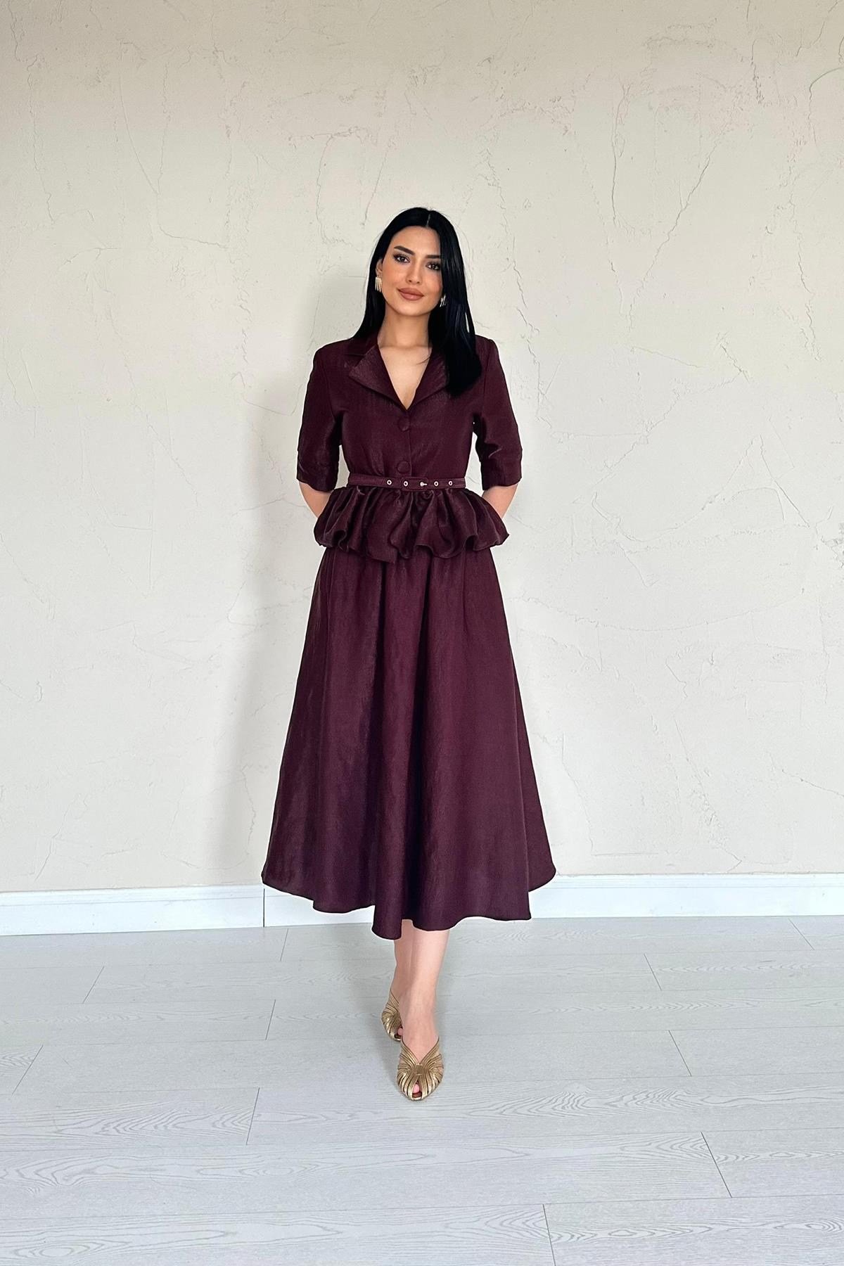 Bordo İnce Kemerli Fırfırlı Ceket Ve Büzgülü Etek Takım