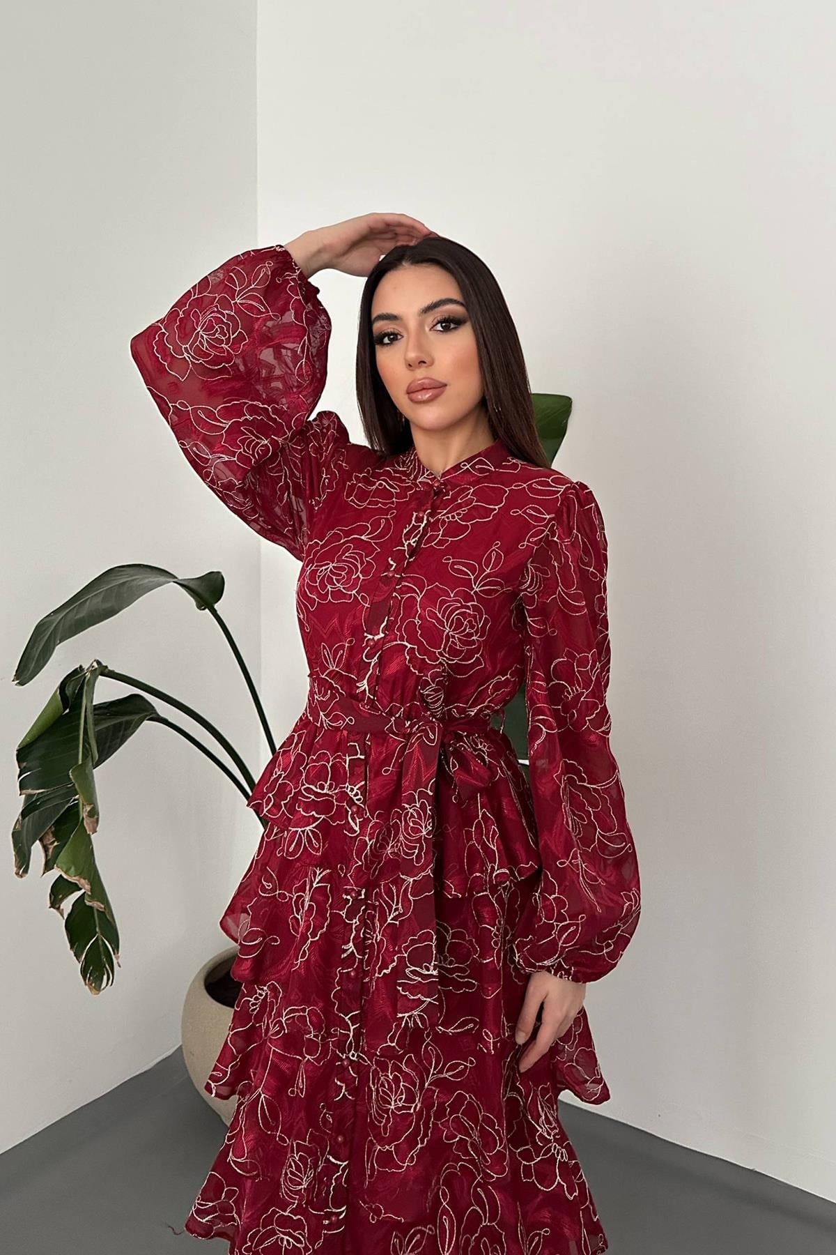 Bordo Kat Kat Jakarlı Elbise