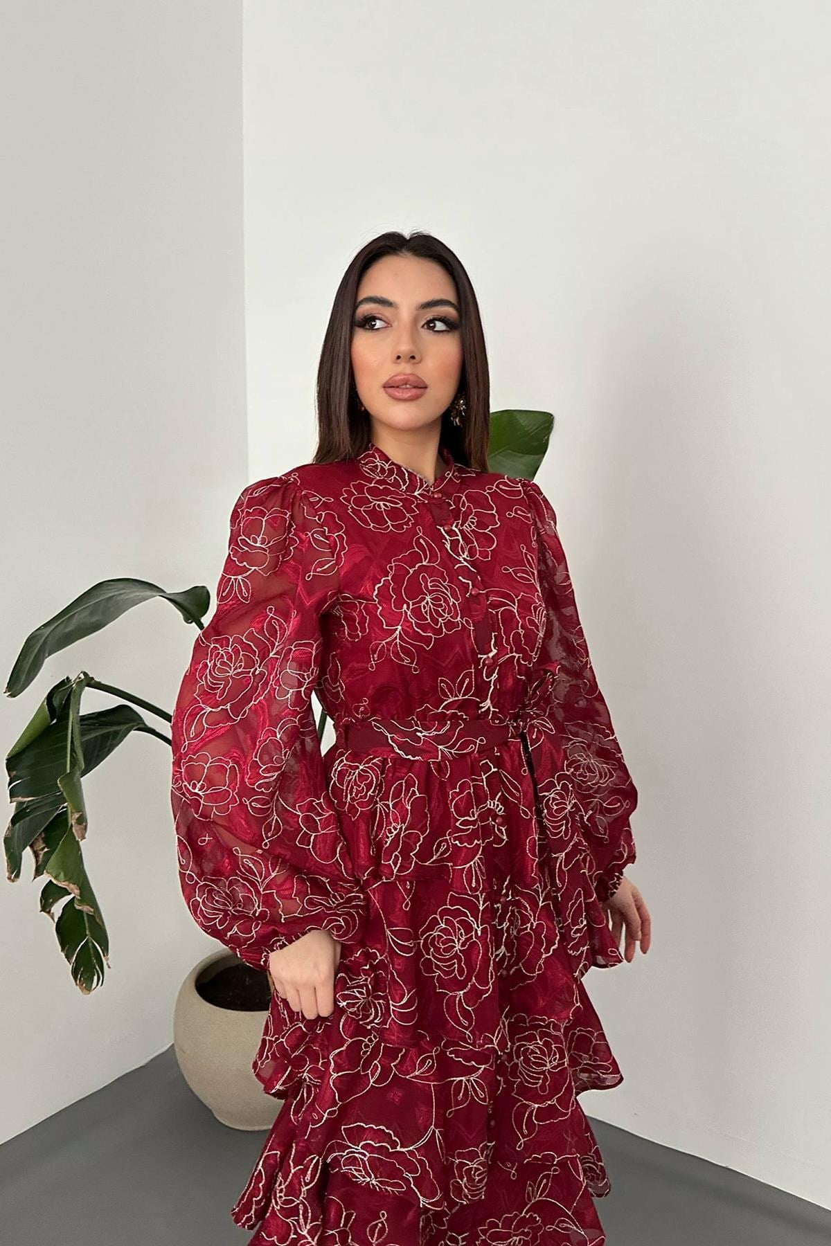 Bordo Kat Kat Jakarlı Elbise