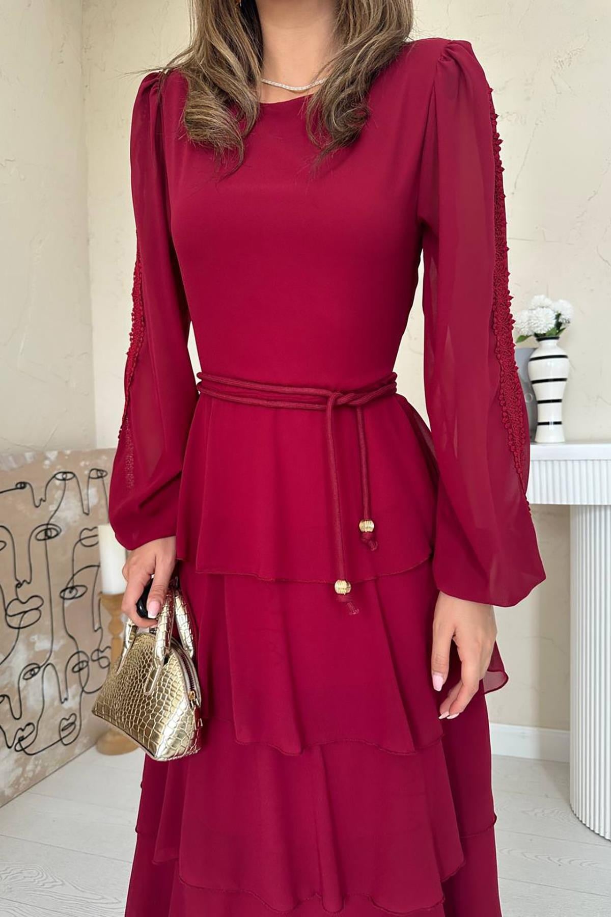 Bordo Kat Kat Şifon Elbise