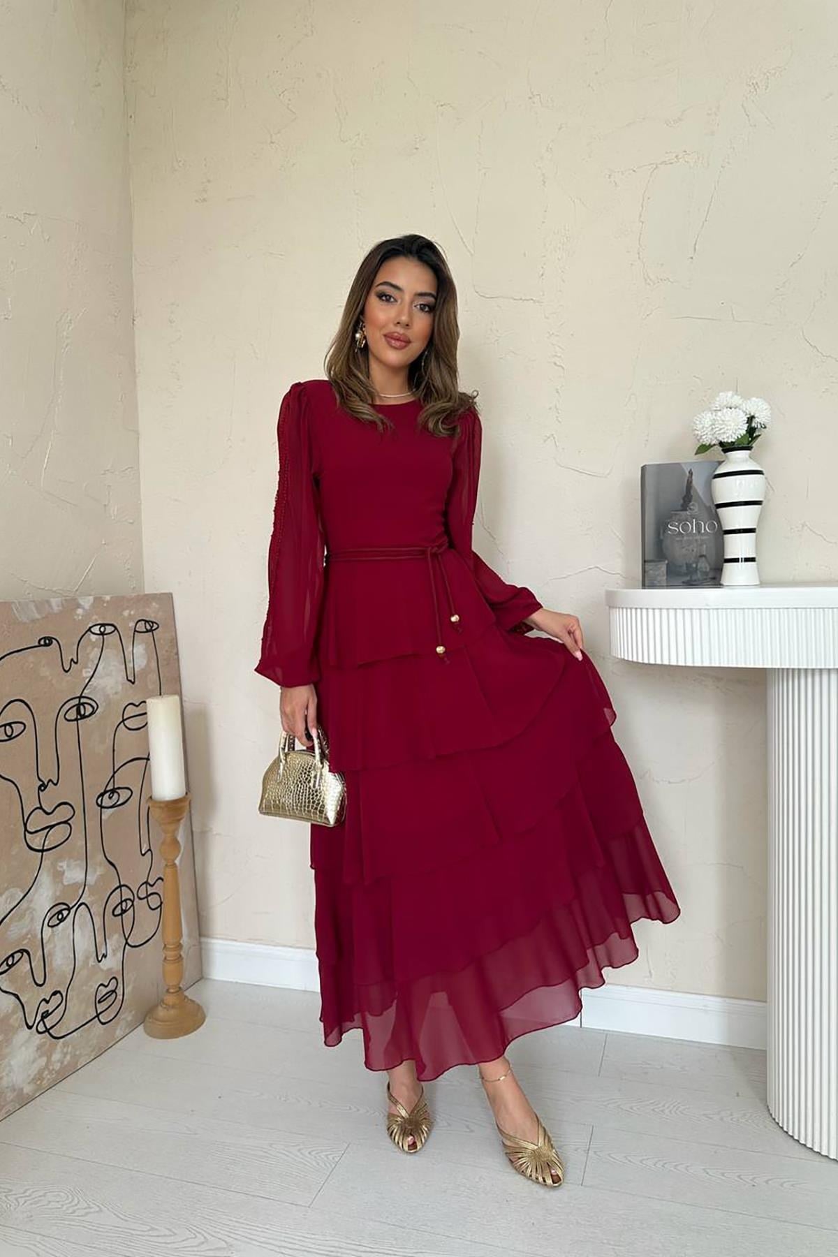 Bordo Kat Kat Şifon Elbise