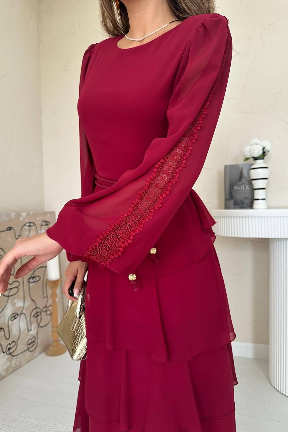 Bordo Kat Kat Şifon Elbise
