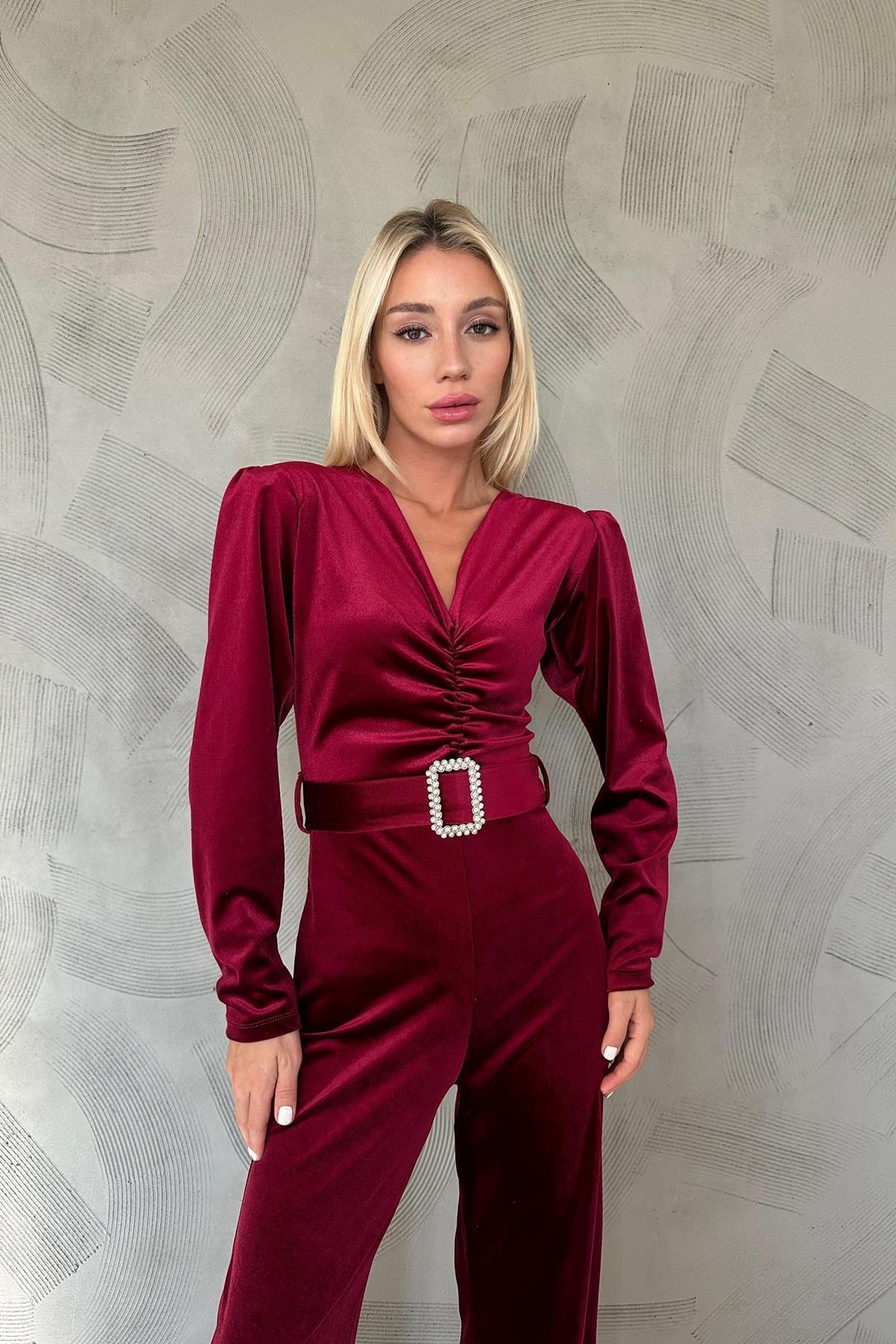Bordo Kemerli Kadife Tulum