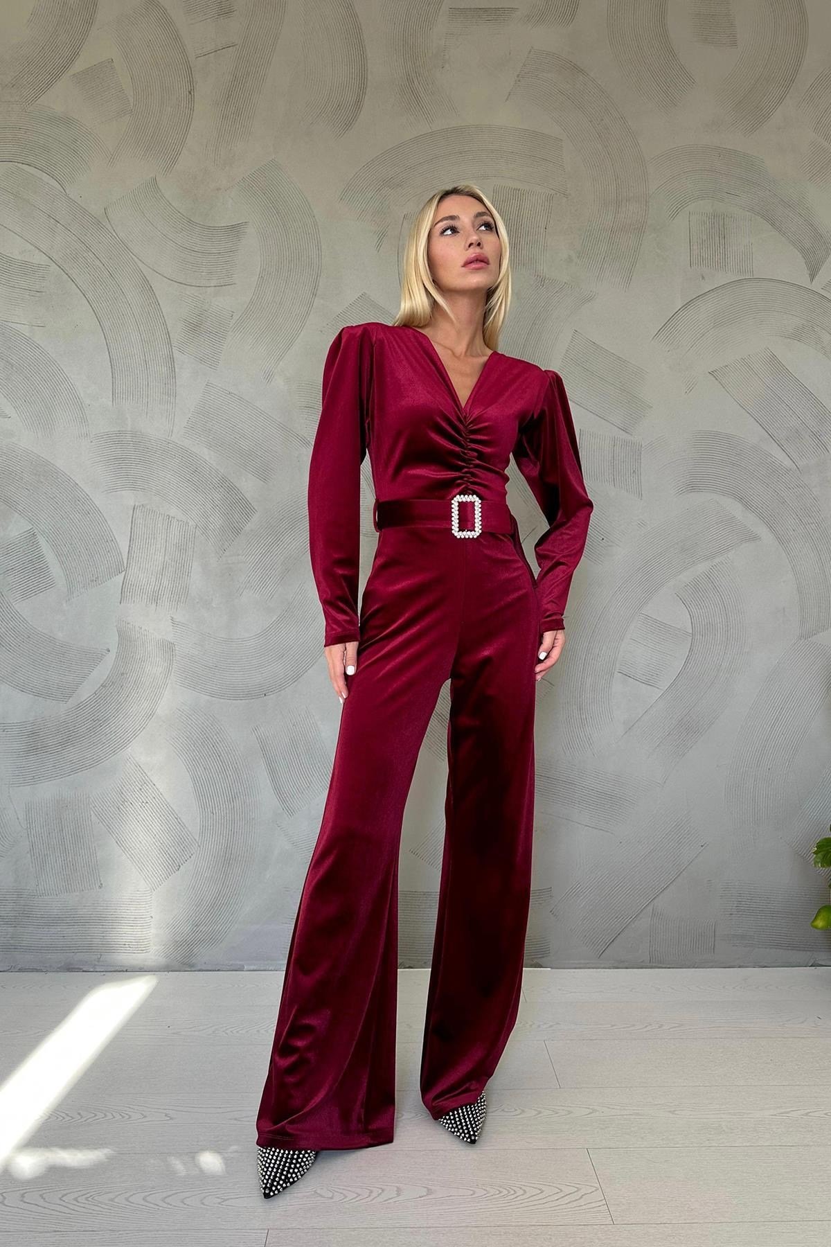 Bordo Kemerli Kadife Tulum