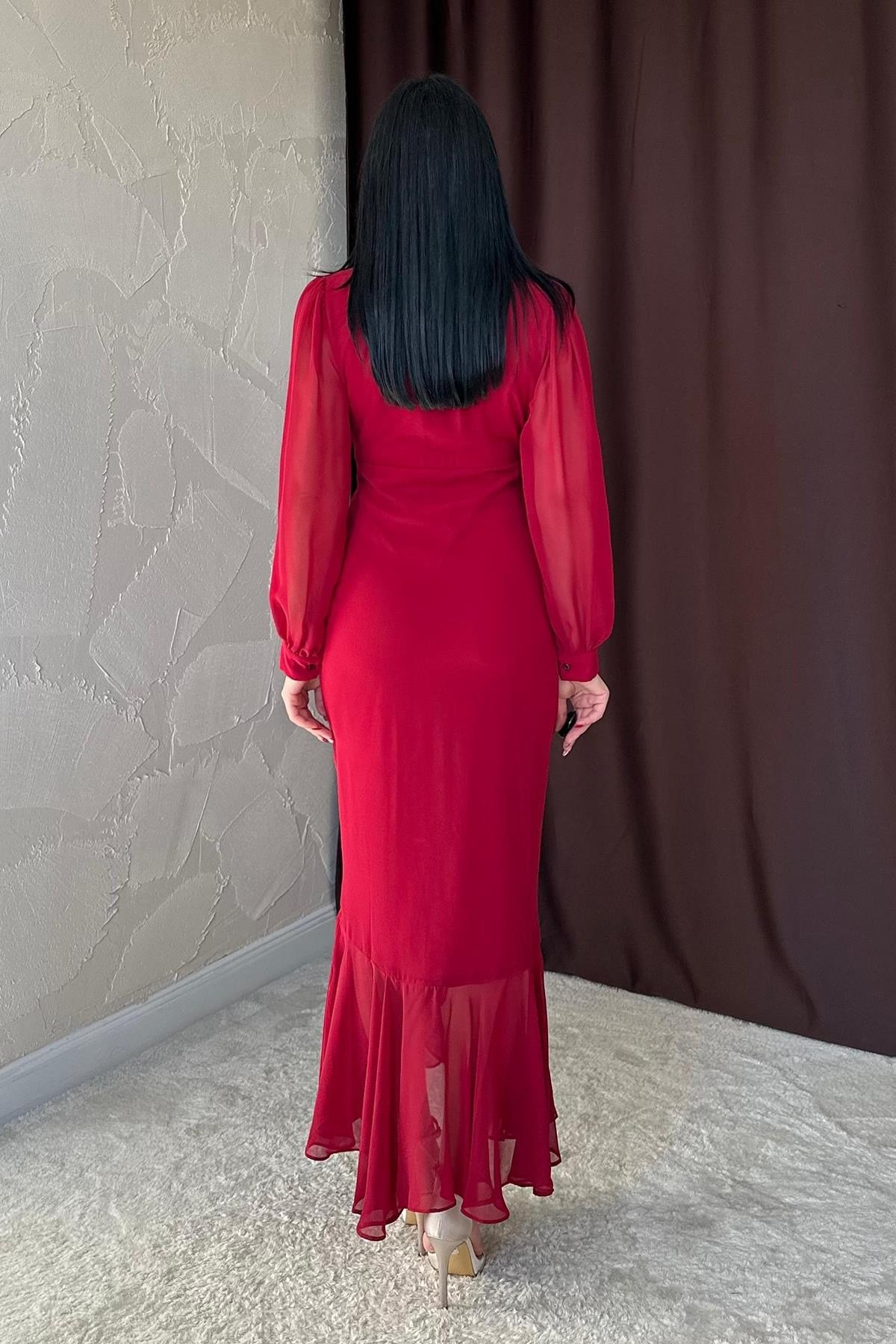 Bordo Önü Büzgülü Şifon Elbise