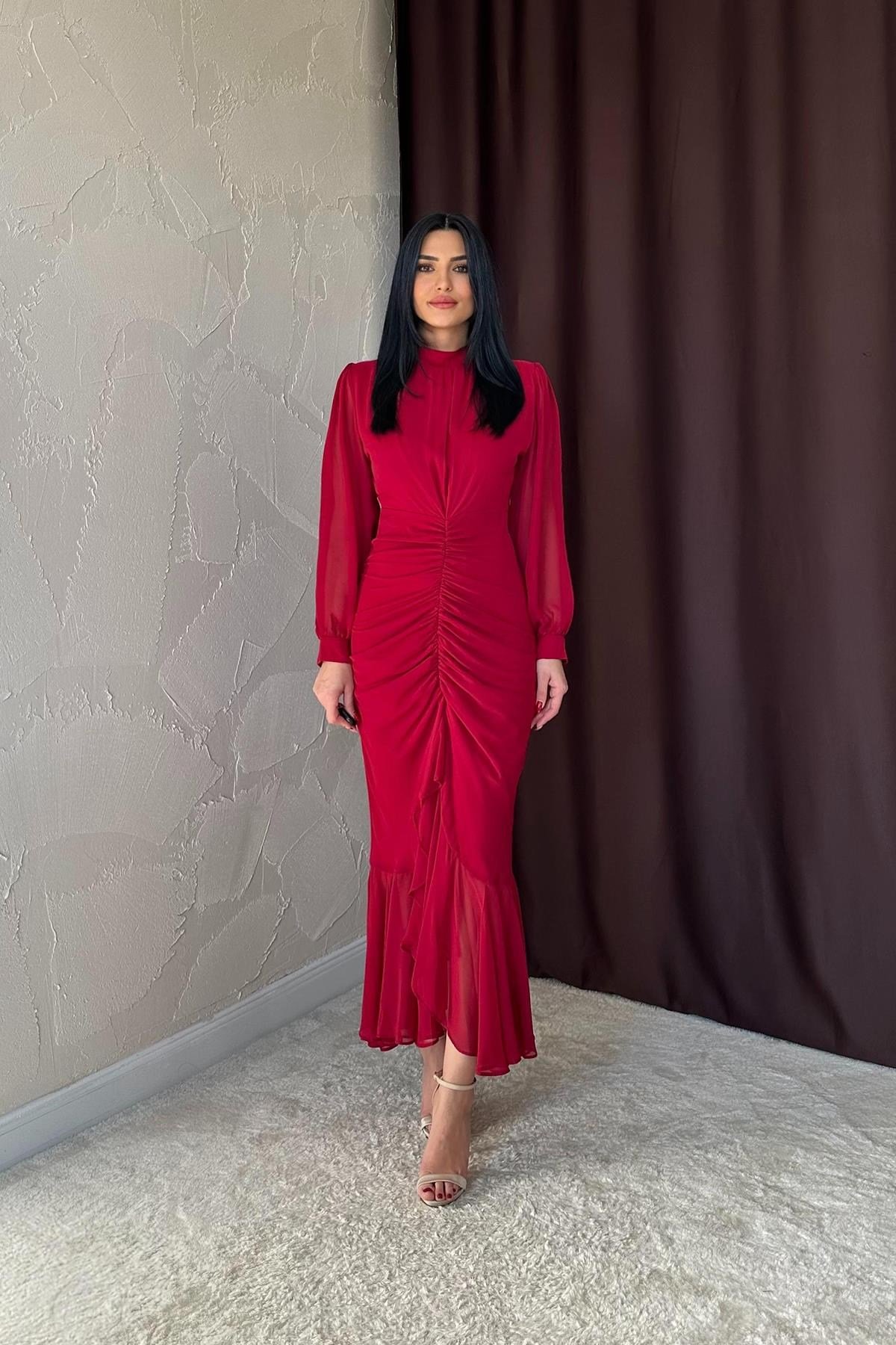 Bordo Önü Büzgülü Şifon Elbise