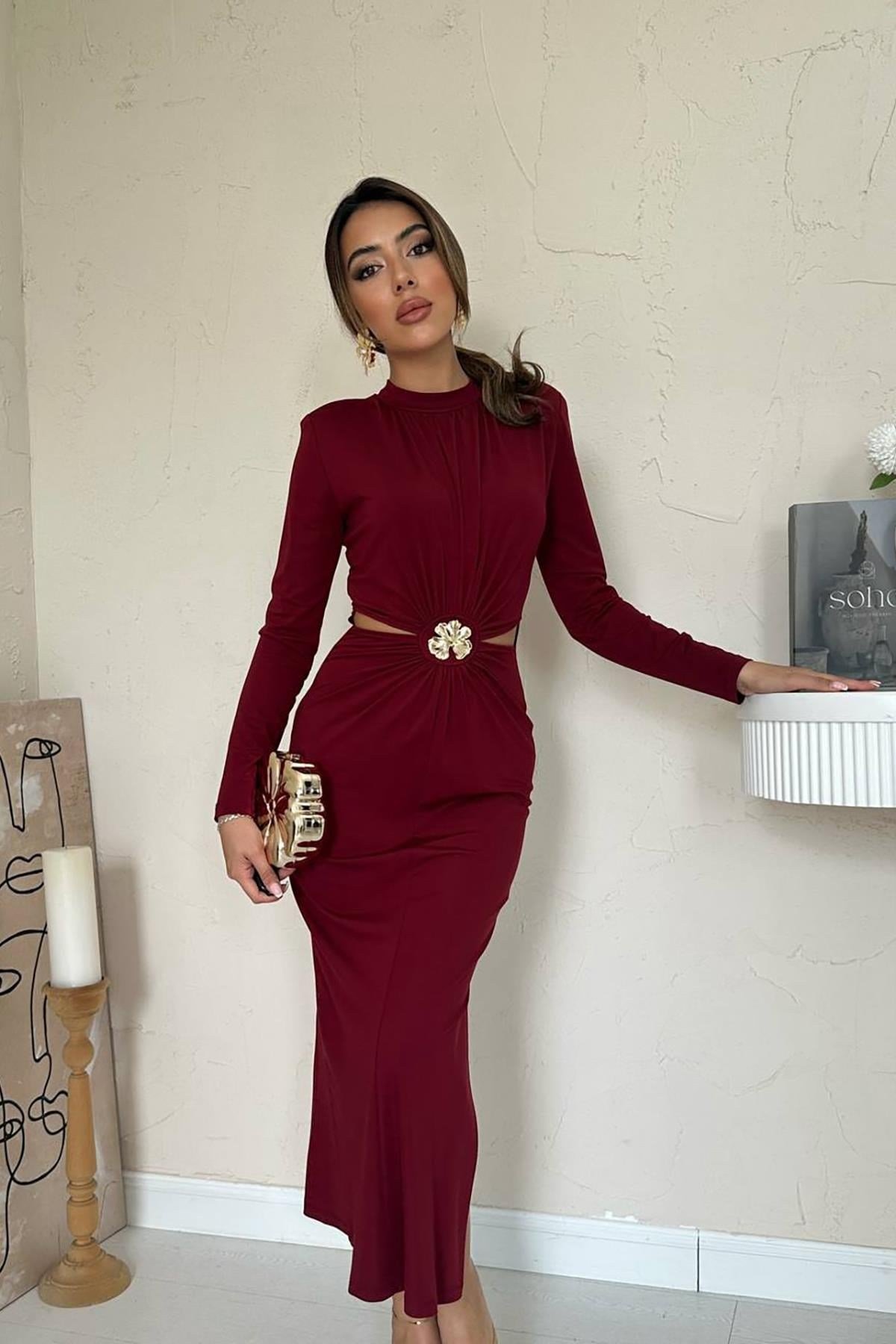 Bordo Pencere Detaylı Büzgülü Elbise