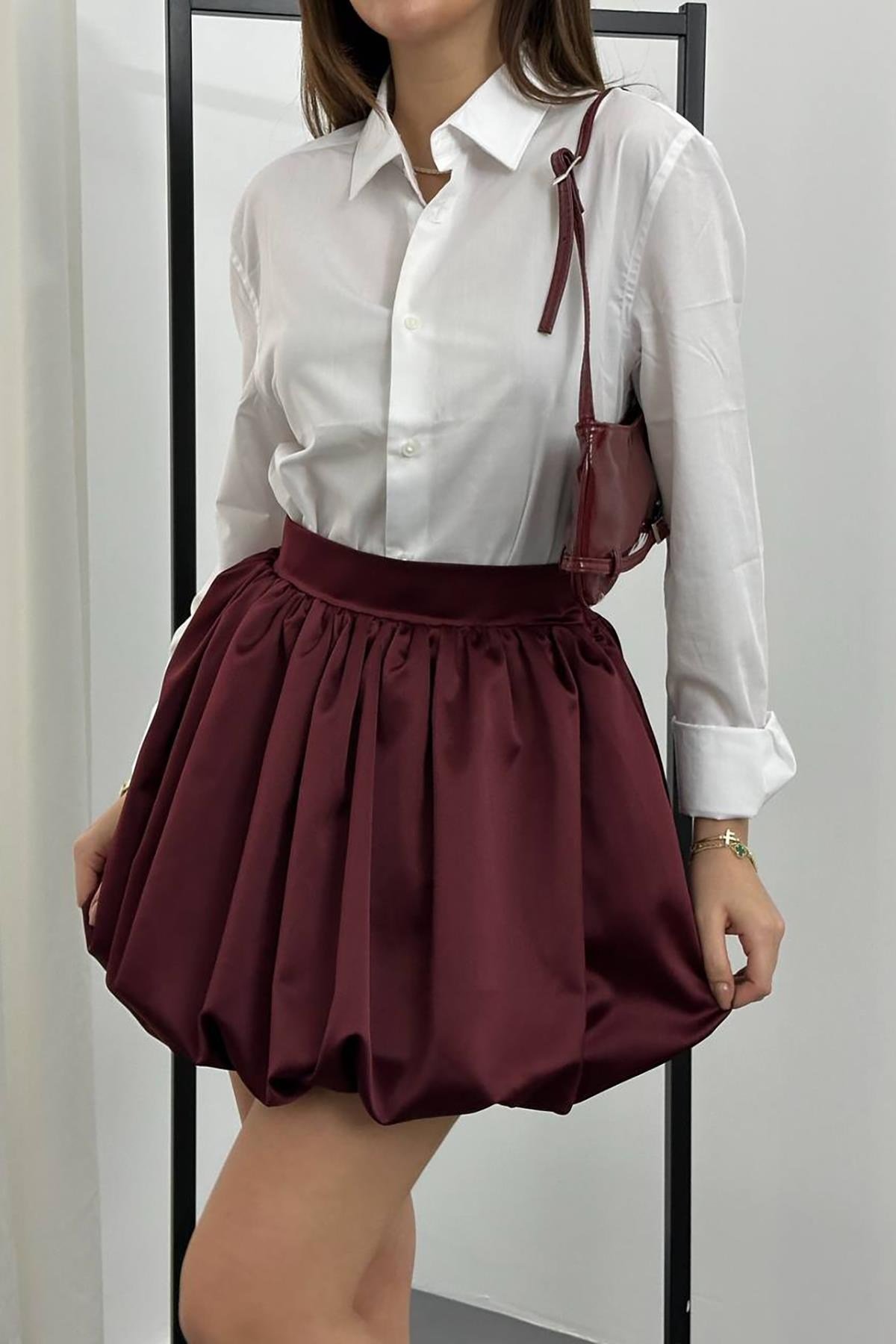Bordo Saten Balon Etek