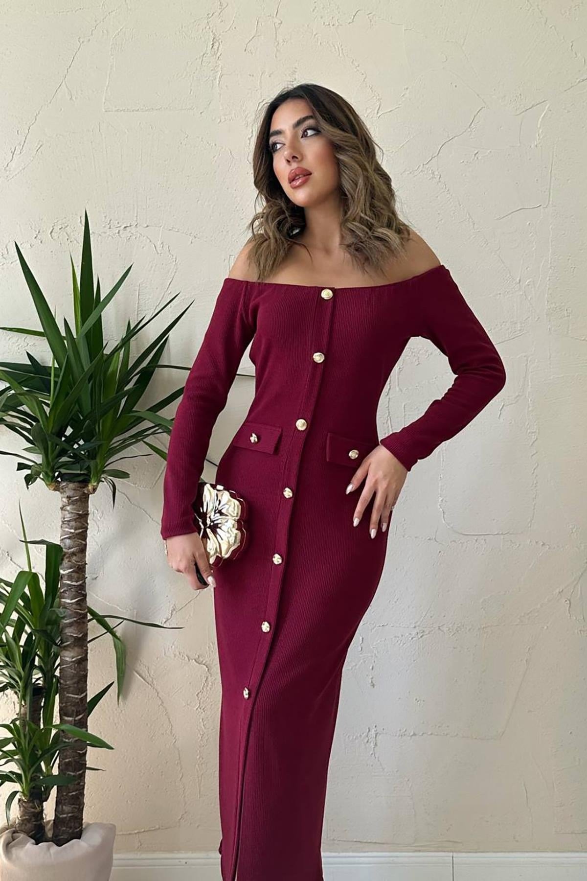 Bordo Trikolu Gold Düğmeli Elbise