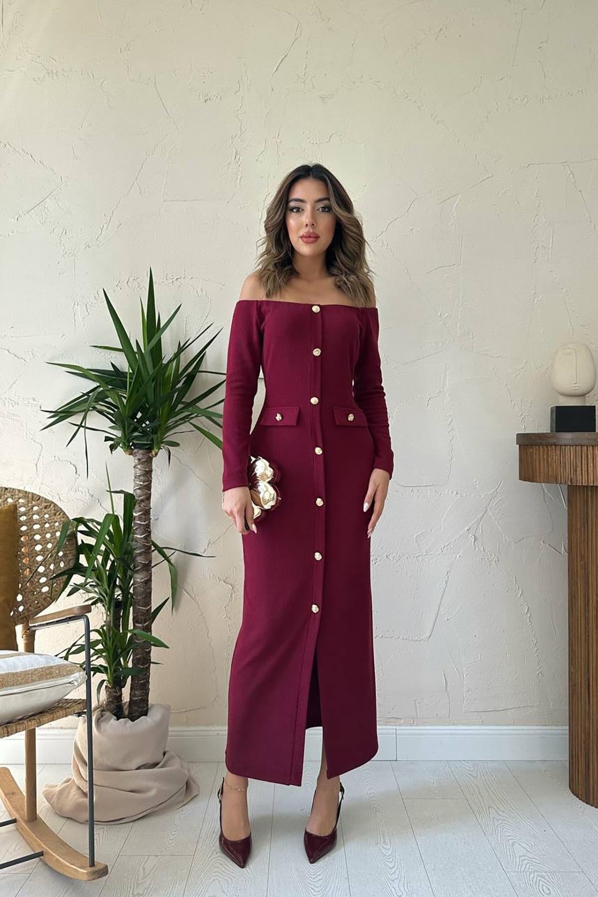 Bordo Trikolu Gold Düğmeli Elbise