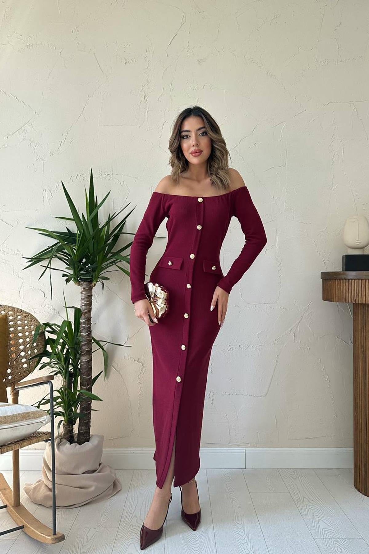 Bordo Trikolu Gold Düğmeli Elbise