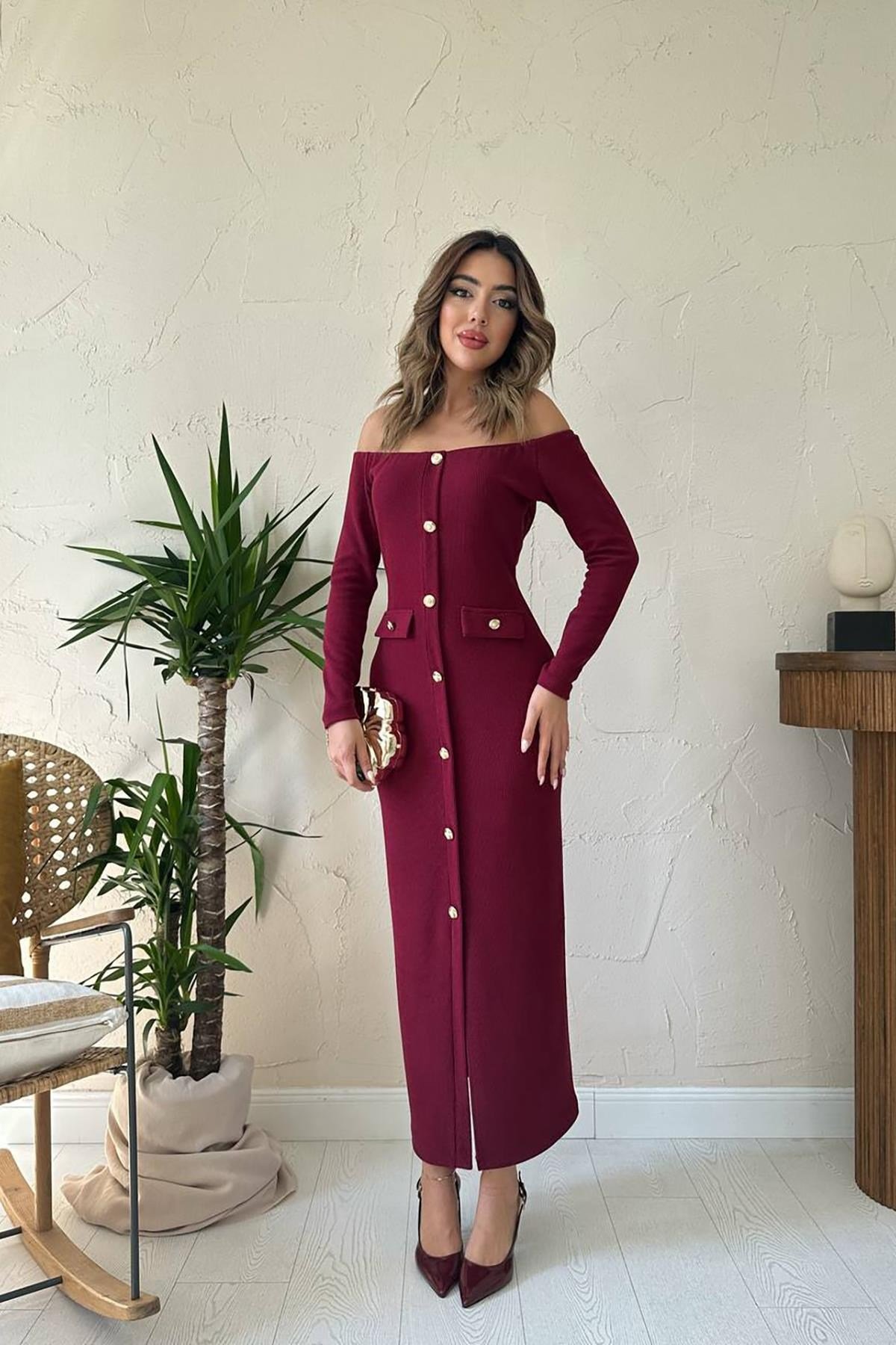 Bordo Trikolu Gold Düğmeli Elbise