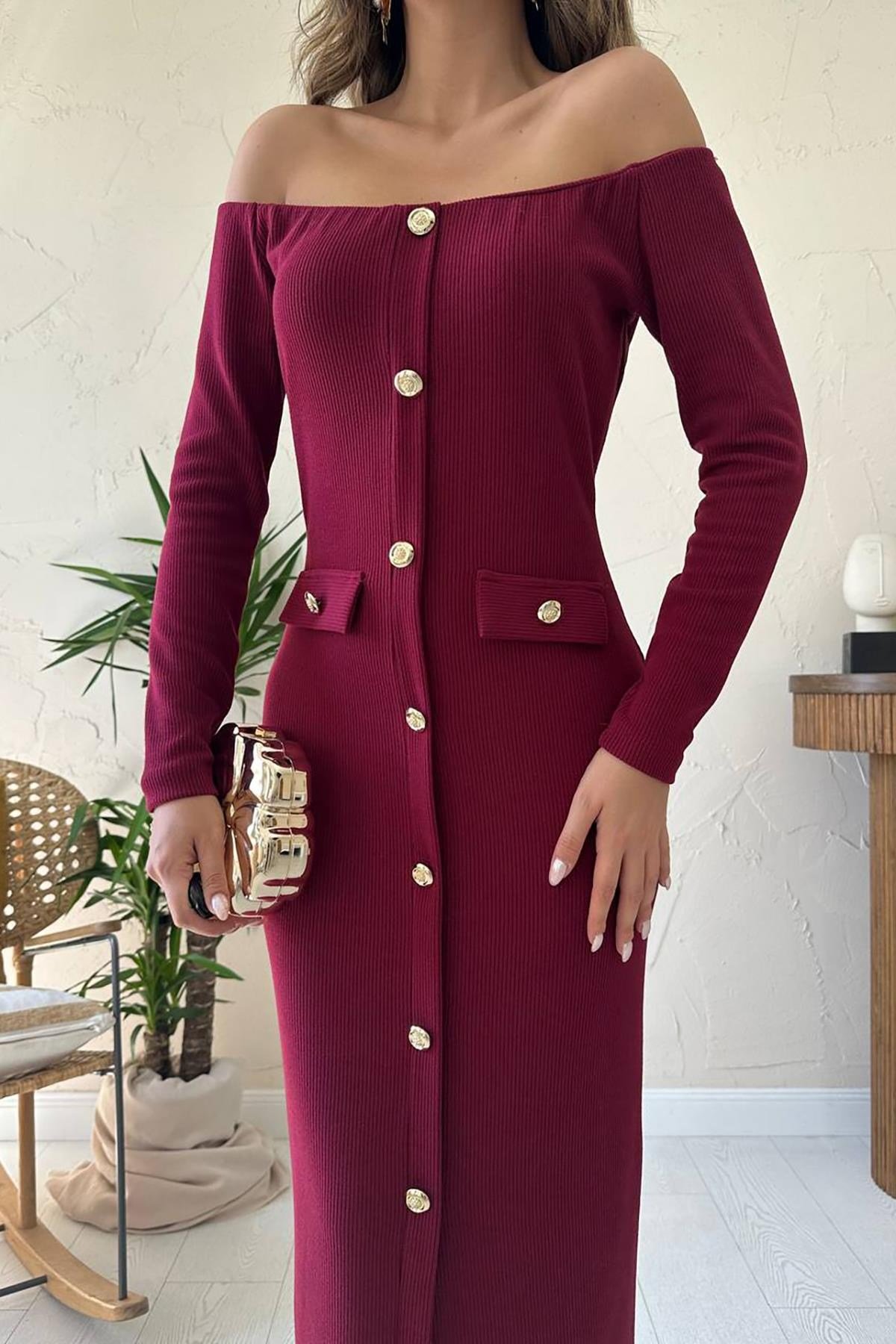 Bordo Trikolu Gold Düğmeli Elbise