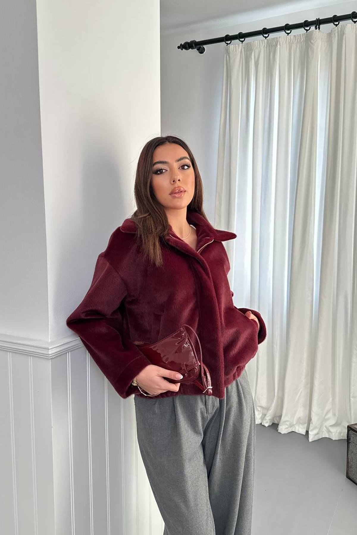 Bordo Tüylü Bomber Ceket
