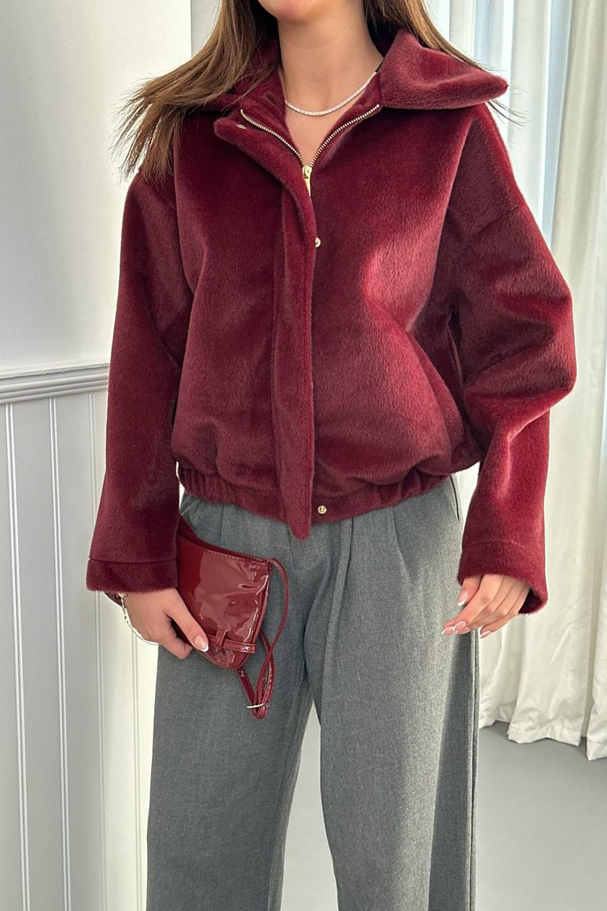 Bordo Tüylü Bomber Ceket