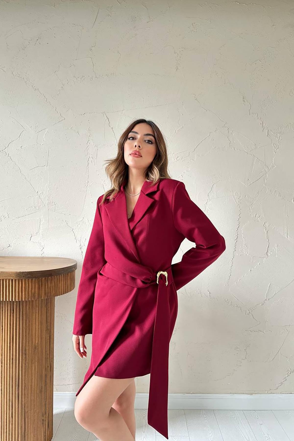 Bordo Yandan Tokalı Ceket Elbise