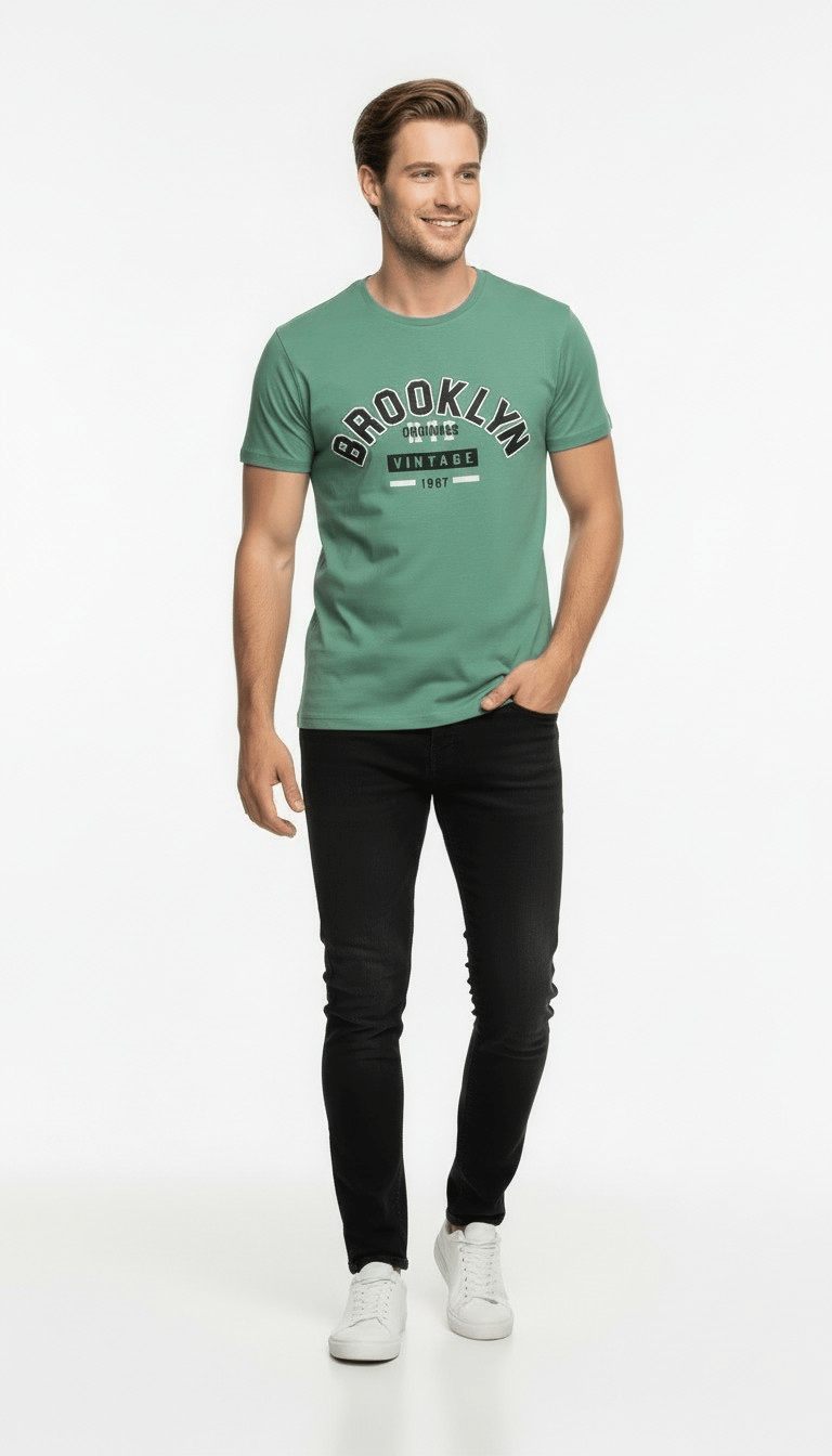 Brooklyn Vintage Baskılı Erkek Günlük T-Shirt Spor Kesim