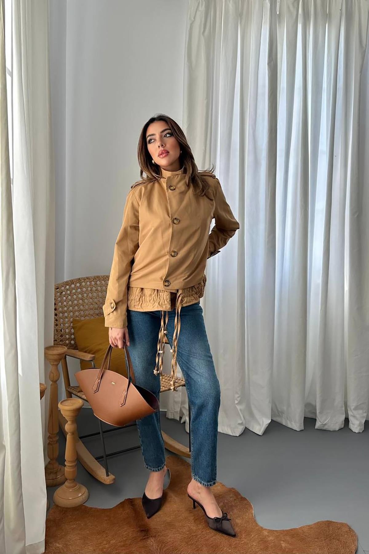 Camel Çift Katlı Kısa Ceket
