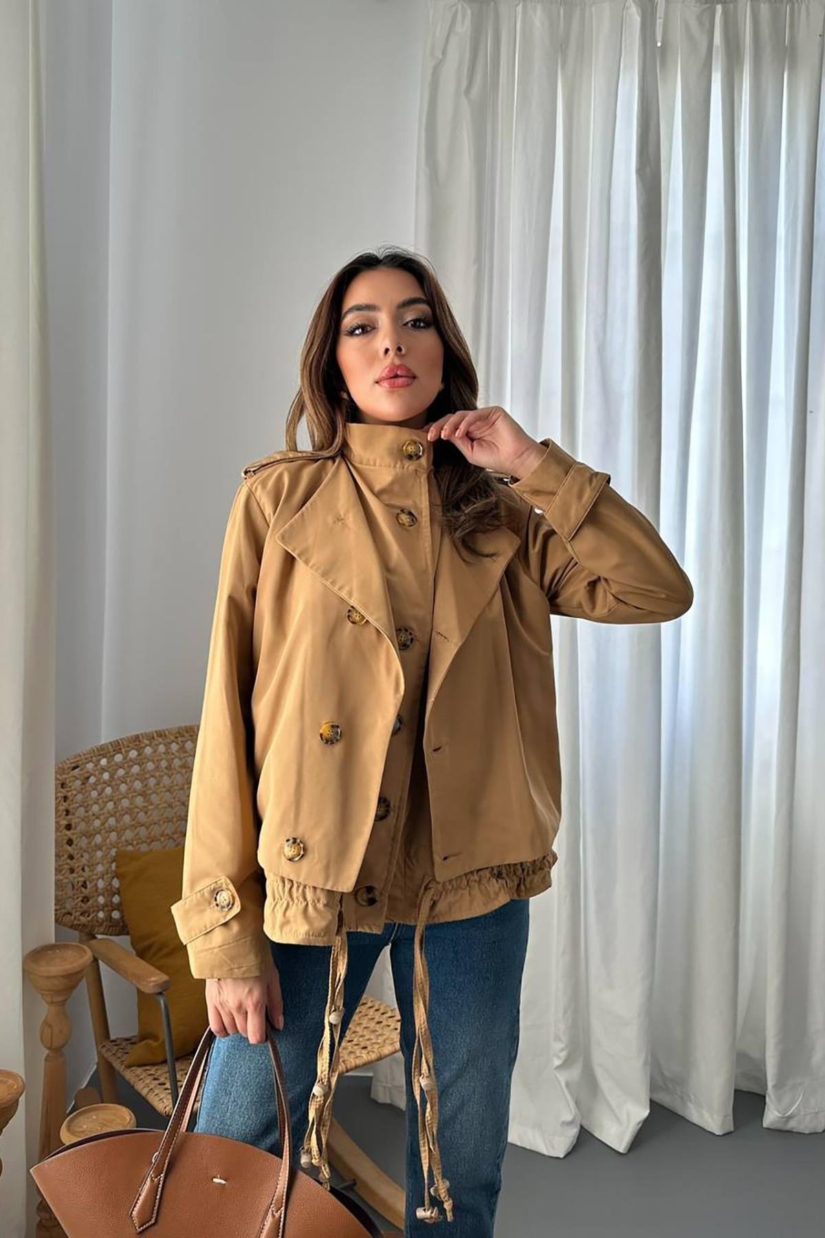 Camel Çift Katlı Kısa Ceket