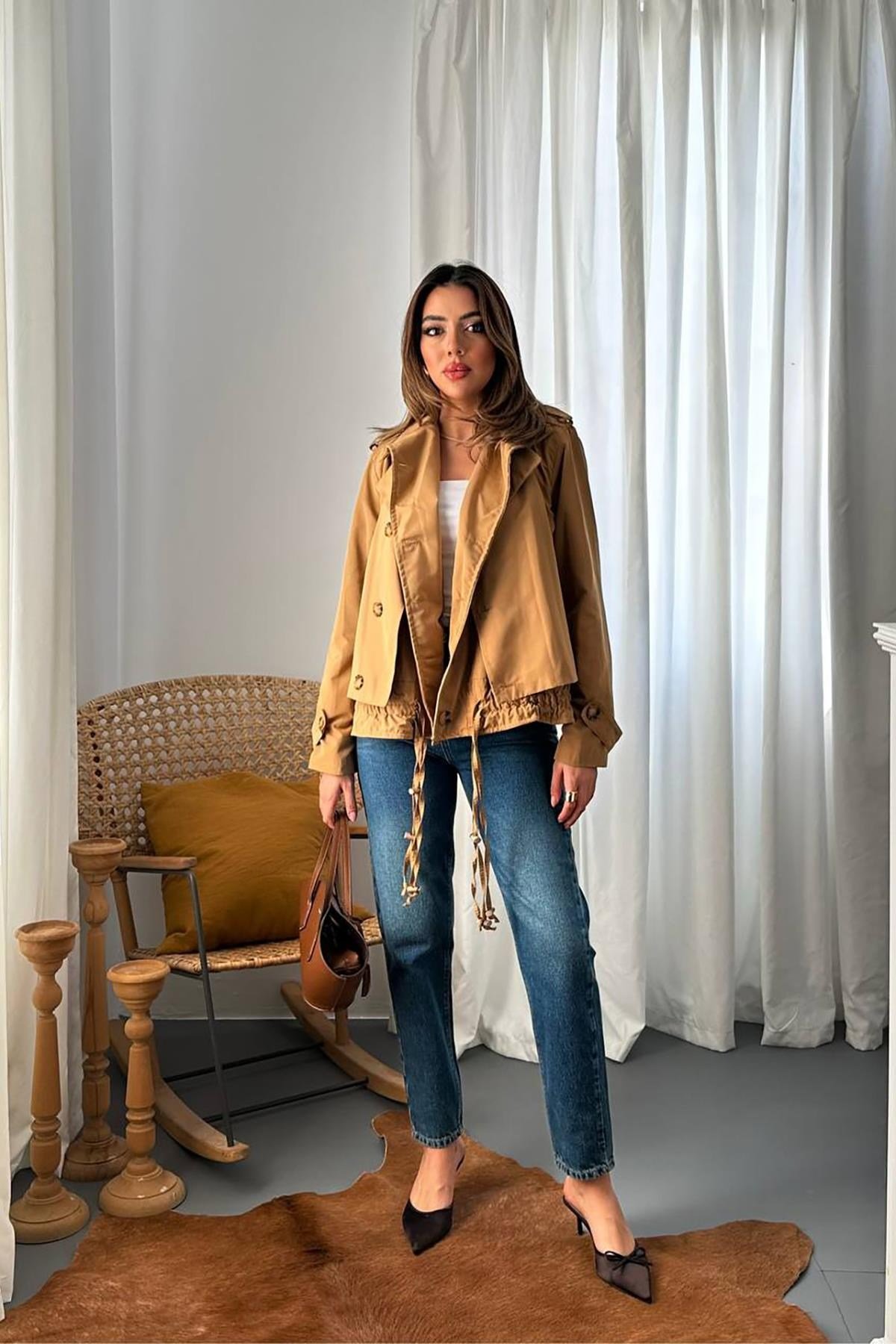 Camel Çift Katlı Kısa Ceket