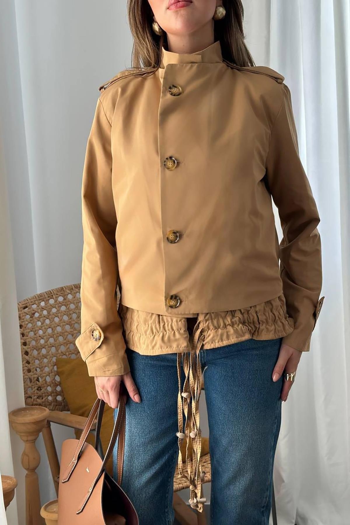 Camel Çift Katlı Kısa Ceket