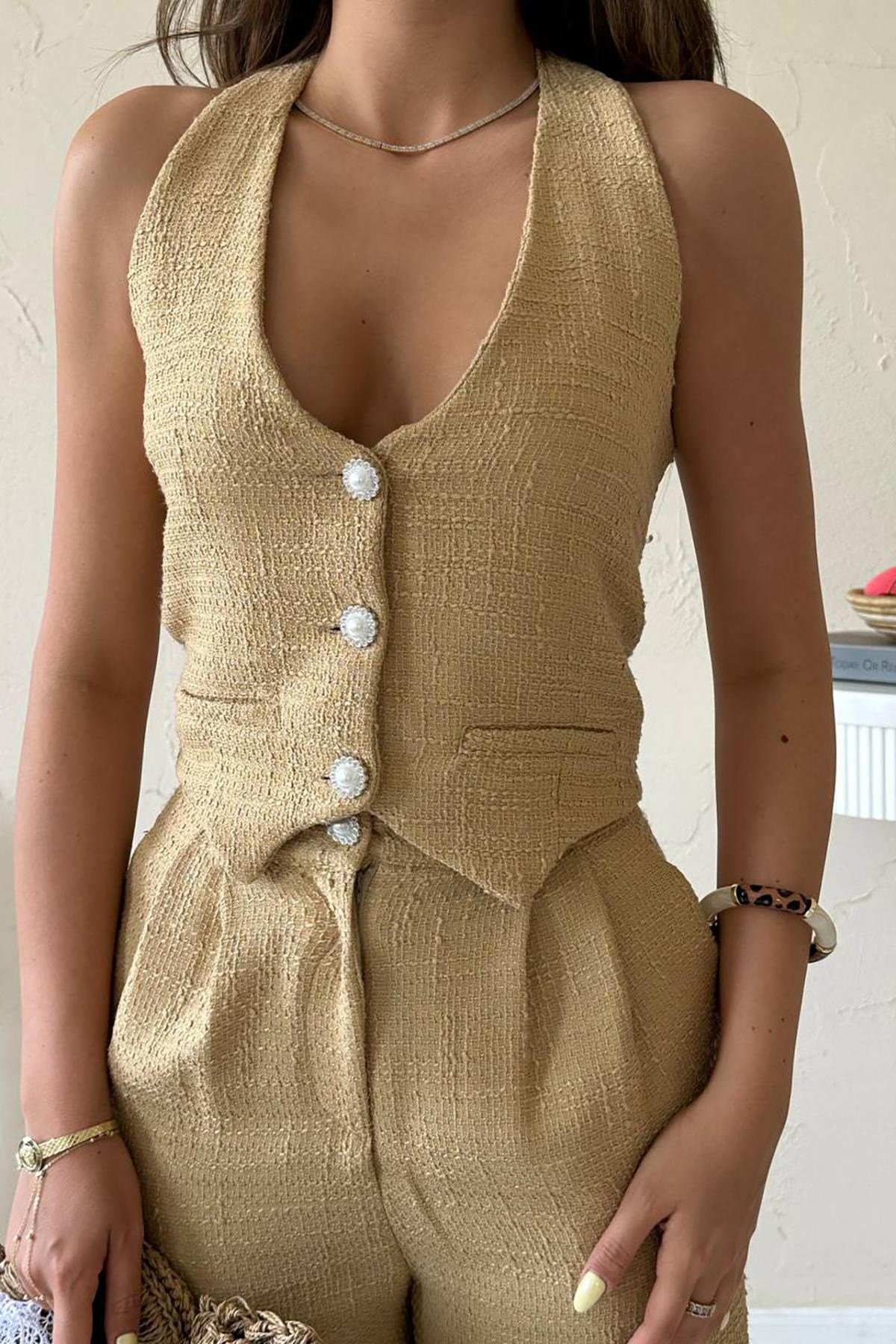 Camel Yelek Ve Pantolon Takım