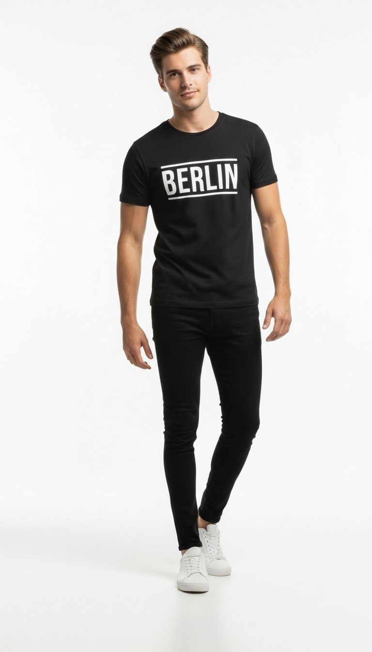 Erkek Berlin Tipografi Baskılı Minimal Günlük T-Shirt
