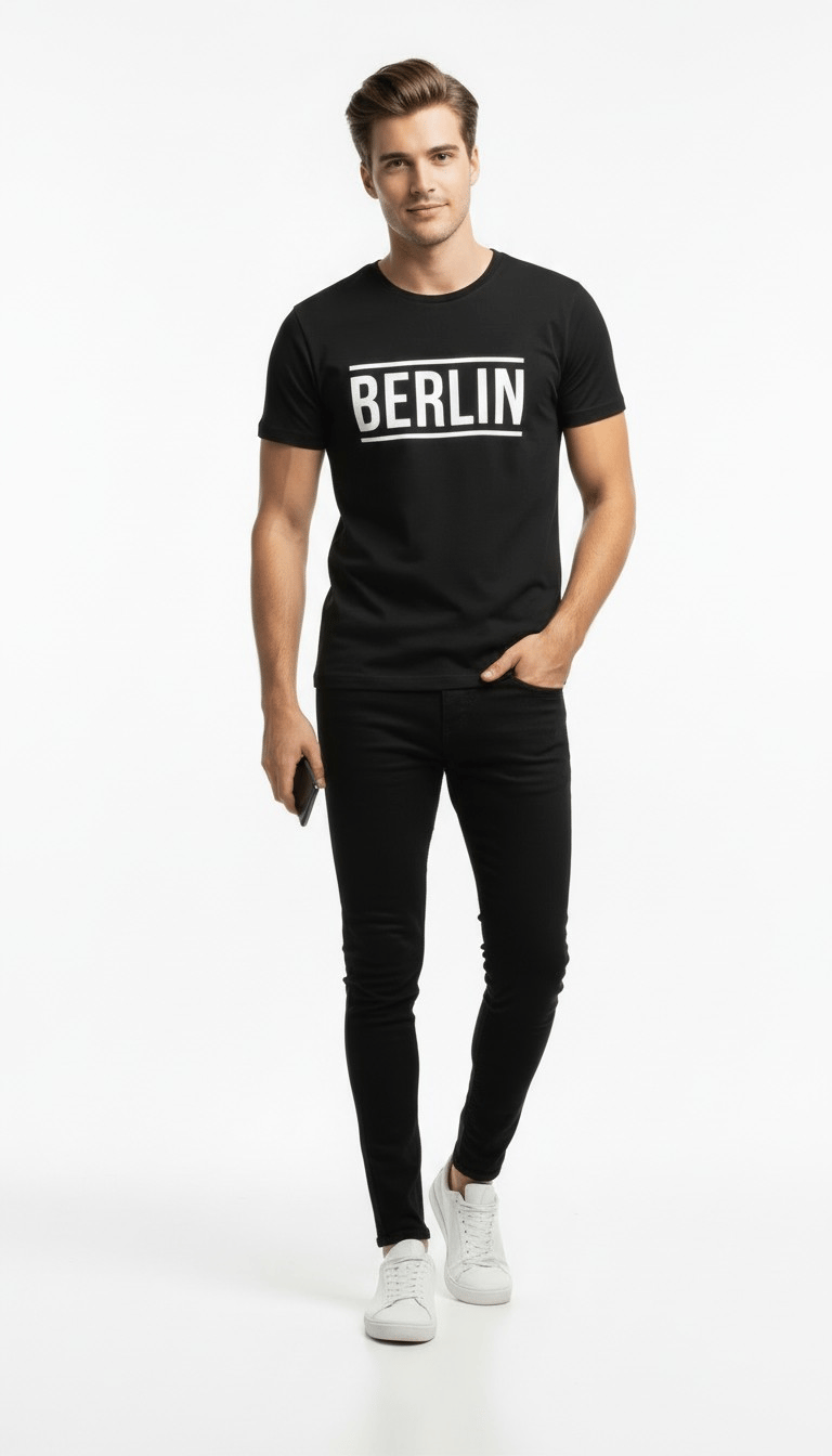 Erkek Berlin Tipografi Baskılı Minimal Günlük T-Shirt