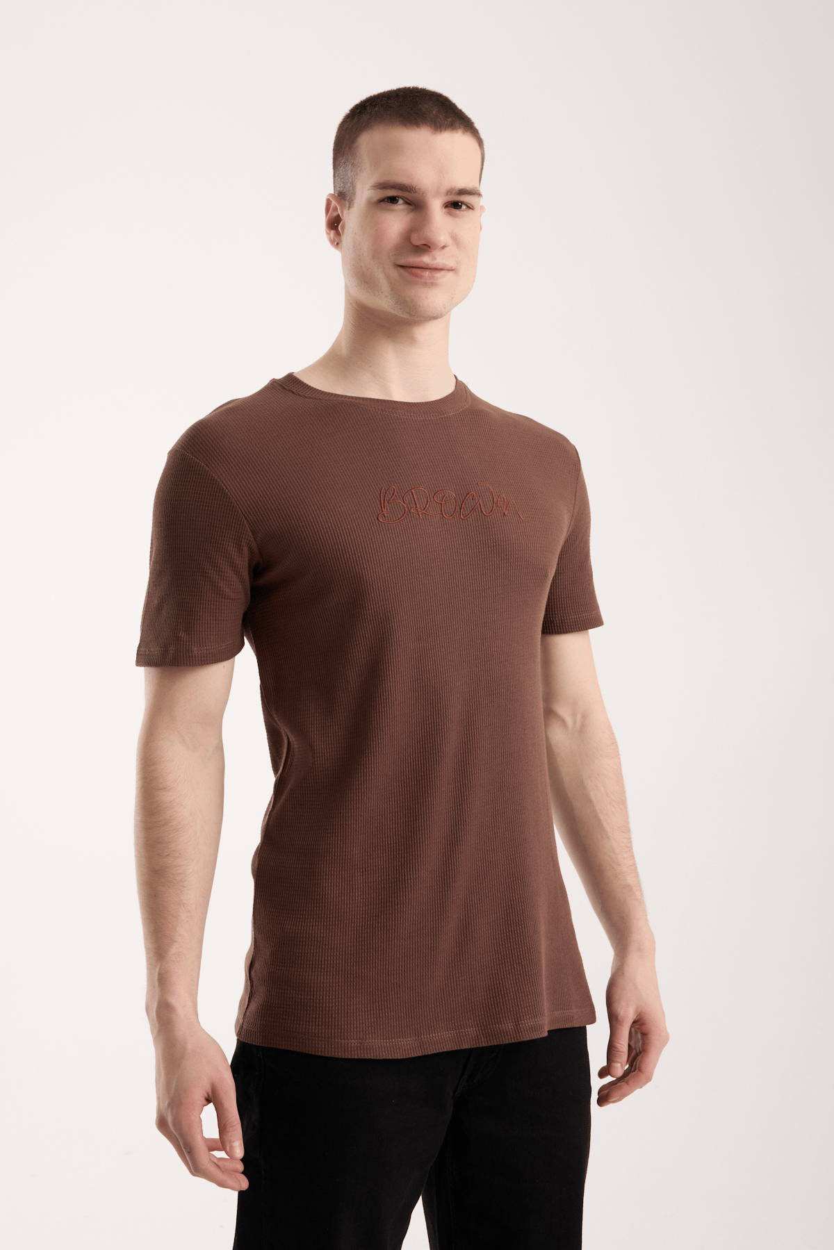 Erkek Slim Fit Waffle Dokulu Minimal Baskılı Günlük Tişört
