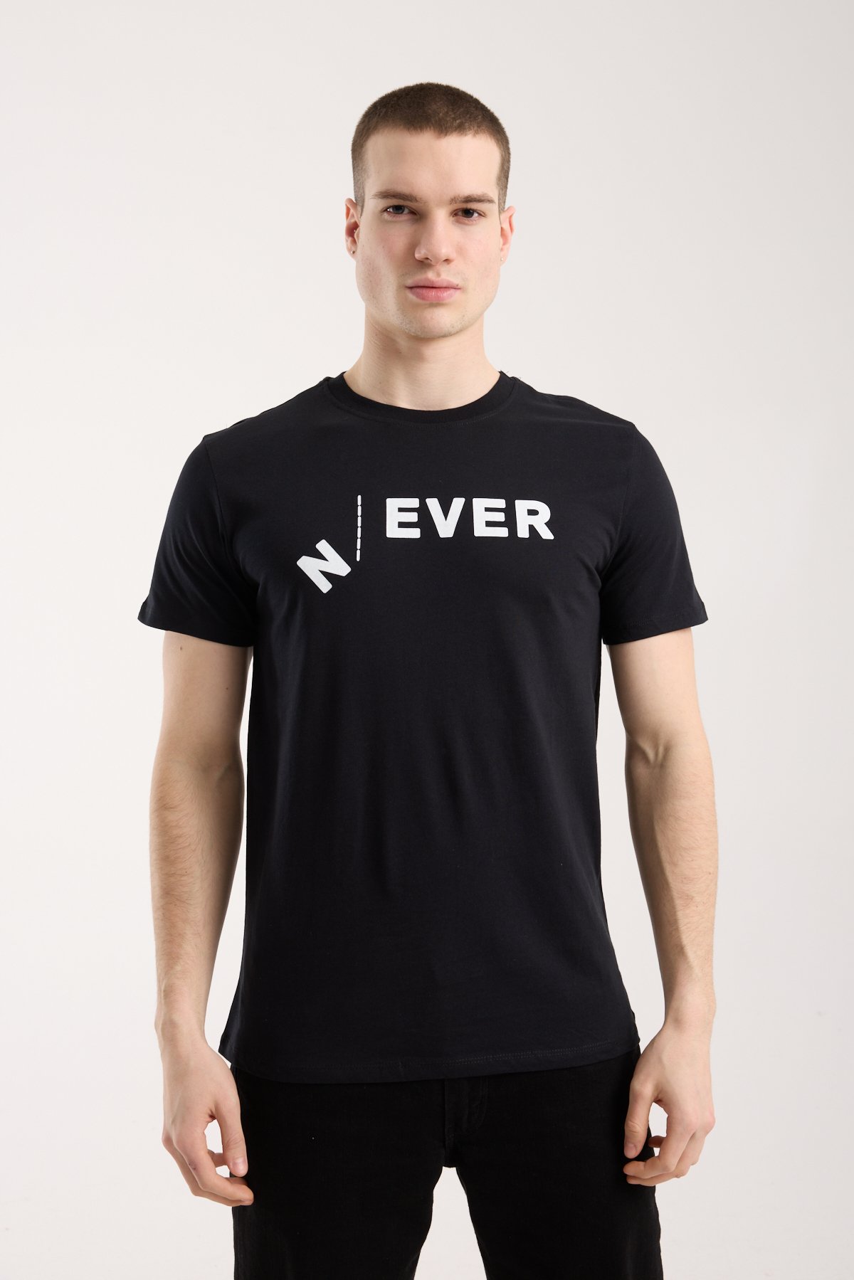 Erkek Urban Never Tipografik Baskılı Slim Fit Günlük Tişört